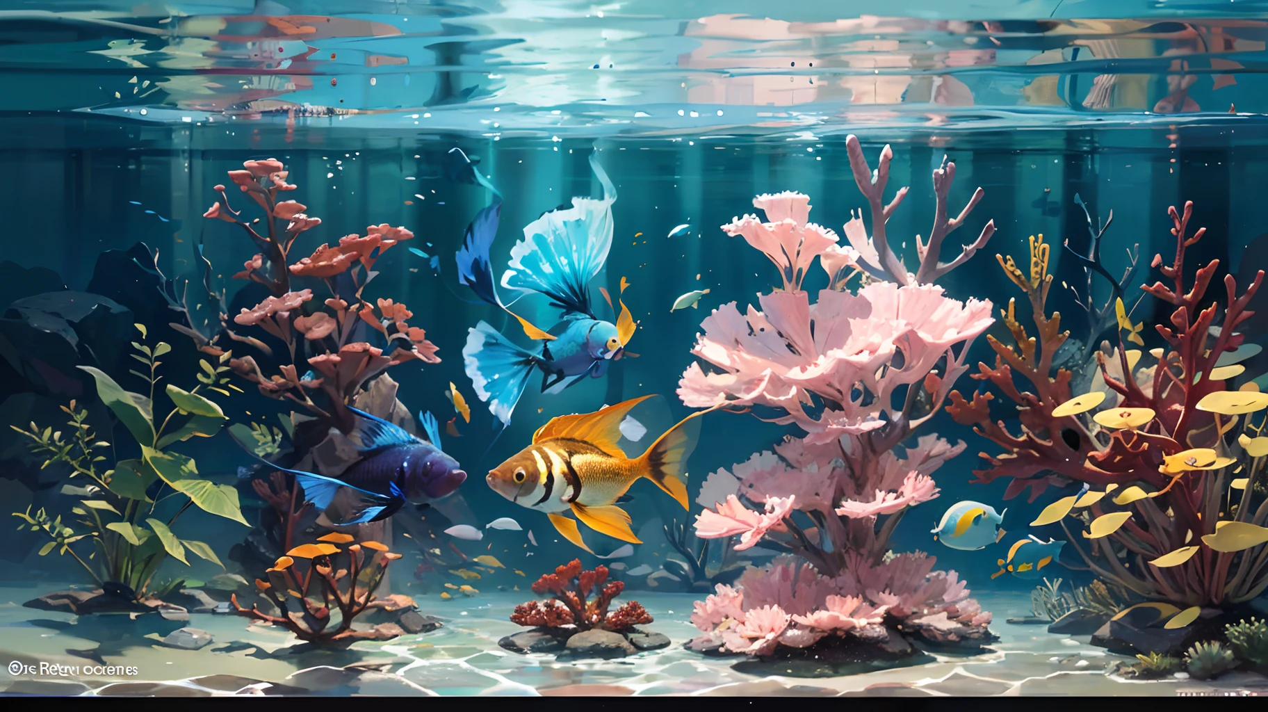 Some robotic betta fishes with long fin and tail swimming around in dark deep sea, there are corals of vibrent colors in the bottom. --auto --s2