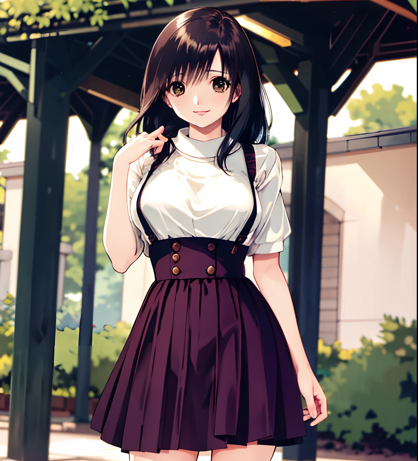 masterpiece, best quality, highres, ichigoaya, solo, sweater, suspender skirt, high-waist skirt, cowboy shot, park, standing, smile