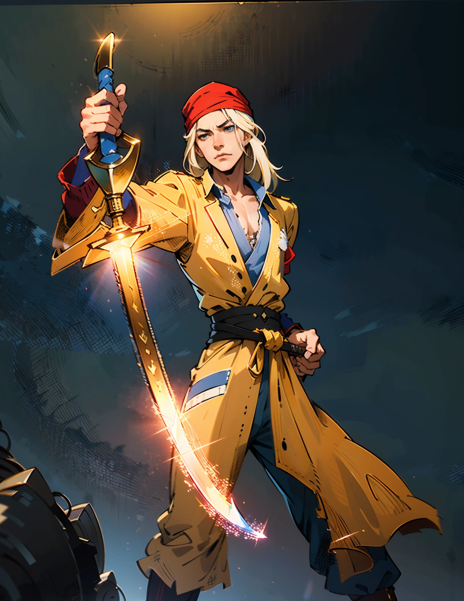 A man with long golden hair, wearing a deep blue headscarf, has a cunning look in his eyes, a stubbled chin, he is dressed in a light blue open-chested shirt with a fantasy pirate style, he has a wide yellow sash around his waist, decorated with a red ribbon, he wears matching utility pants, he holds a long pirate-style sword, a long pirate-style sword with a golden guard, gripping it in reverse, he stands by the pier under the night sky, this character embodies a finely crafted fantasy-style pirate in anime style, characterized by an exquisite and mature manga illustration art style, high definition, best quality, highres, ultra-detailed, ultra-fine painting, extremely delicate, professional, anatomically correct, symmetrical face, extremely detailed eyes and face, high quality eyes, creativity, RAW photo, UHD, 8k, Natural light, cinematic lighting, masterpiece:1.5