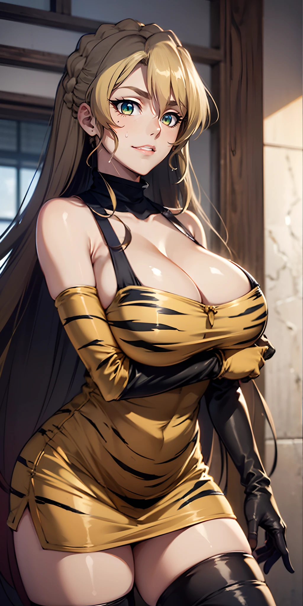 (blonde hair:1.4), green eyes, long hair, braid, breasts, 1girl, animal_print, long_hair, tiger_print, cleavage, solo, looking_at_viewer, very_long_hair, gloves, bare_shoulders, thighhighs, blush, elbow_gloves, sidelocks, collarbone, sweat, thighs, skindentation, large_breasts, indoors, shiny, huge_breasts, parted_bangs, shiny_skin, cowboy_shot, artist_name, parted_lips