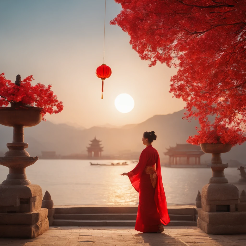 Mid-Autumn Festival, Reunion, full moon, the night, (Moon cake), teas, the fruits, edgBunny, Chang'e rushes to the moon, symetry, High detail, romanticism lain, Sparkle, god light, Ray tracing, hyper HD, retinas, Masterpiece, ccurate, Super detail, High details, High quality, Best quality, A high resolution, 16k, anatomy correct,Red flags flying,Red flag five stars,red flags,Tiananmen,Huabiao