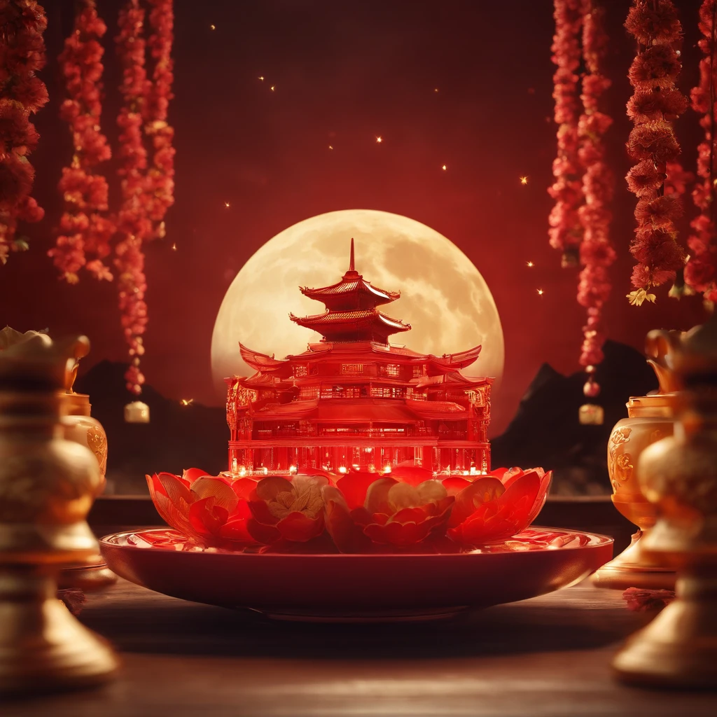 Mid-Autumn Festival, Reunion, full moon, the night, (Moon cake), teas, the fruits, edgBunny, Chang'e rushes to the moon, symetry, High detail, romanticism lain, Sparkle, god light, Ray tracing, hyper HD, retinas, Masterpiece, ccurate, Super detail, High details, High quality, Best quality, A high resolution, 16k, anatomy correct,Red flags flying,Red flag five stars,red flags,Tiananmen,Huabiao
