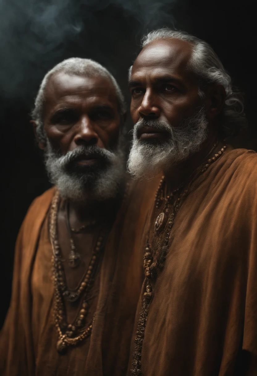 Ethereal photo of 2 men, 1 Irish white, 1 homem africano, 45 anos, , emerging from turbulences of smoke and vapors, cabelos longos, estilo de Steve McCurry, obra-prima de arte intrincada, agourento, proportion Aurea, trending in cgsociety, intrincado, epics, trending on ArtStation, por artgerm, h. r. Giger e Beksinski, altamente detalhado, vibrante, production cinematic character render, ultra high quality model