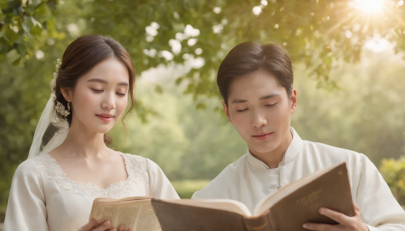 (Best Quality,Ultra-detailed,realisitic:1.37),portrait of a,Korean men and women reading the Bible,Oil Painting,Cathedral attire, View of the cathedral in the distance,Peaceful garden scene,Soft sunlight,tranquil expression,wisdom,Bible Quotes,vibrant colours,delicate brushwork,subtle textures,lush greenery,Contemplative atmosphere,Beautiful picture book,Highlighted features:Eyes in focus,gentle smiling,Graceful posture,Sunlight shining through the trees,rays,Quiet surroundings,serene ambiance,A Blessed Moment