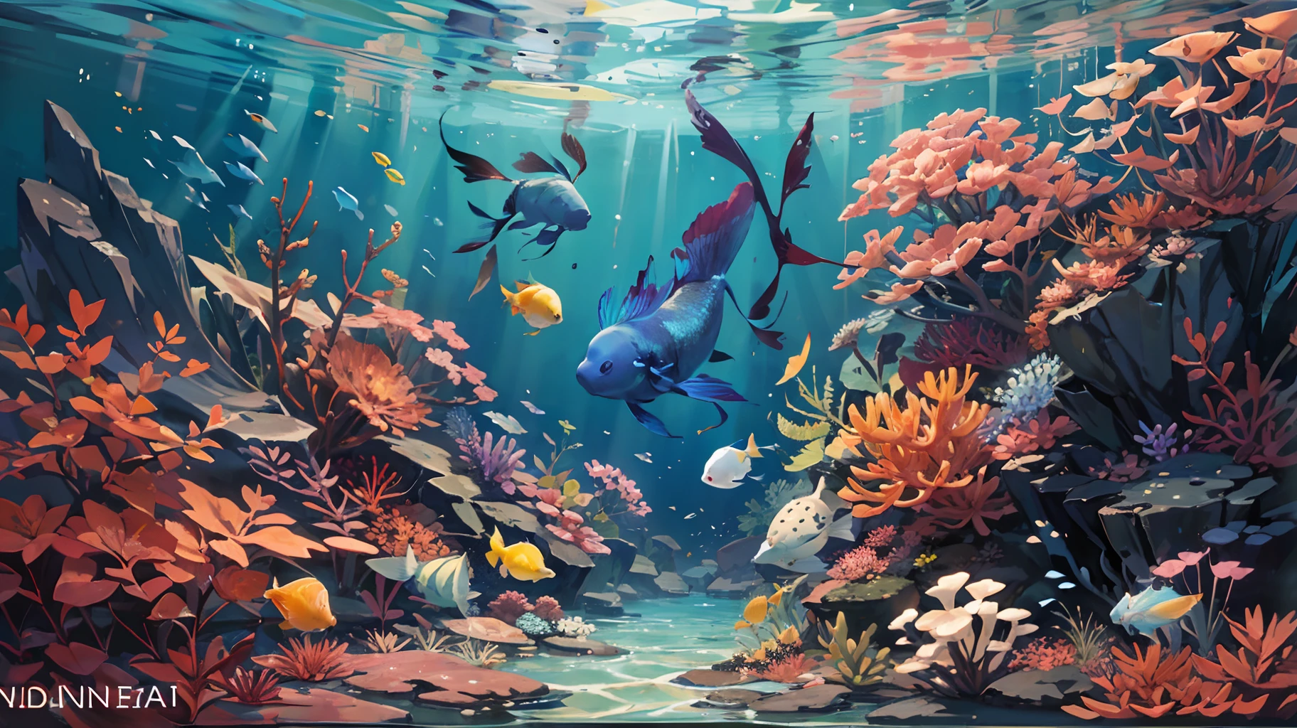 Some robotic betta fishes with long fin and tail swimming around in dark deep sea, there are corals of vibrent colors in the bottom. --auto --s2