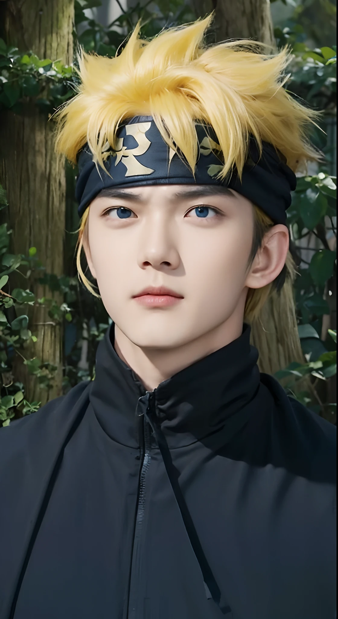Real life adaption of this character,Asian teen handsome face, ,blue eyes, looking to viewer,realistic yellow Messy hair, realistic ninja headband, realistic black cloak, realistic background, hyper realistic, realistic light, realistic shadow, realism,(photorealistic:1.2),angry expression