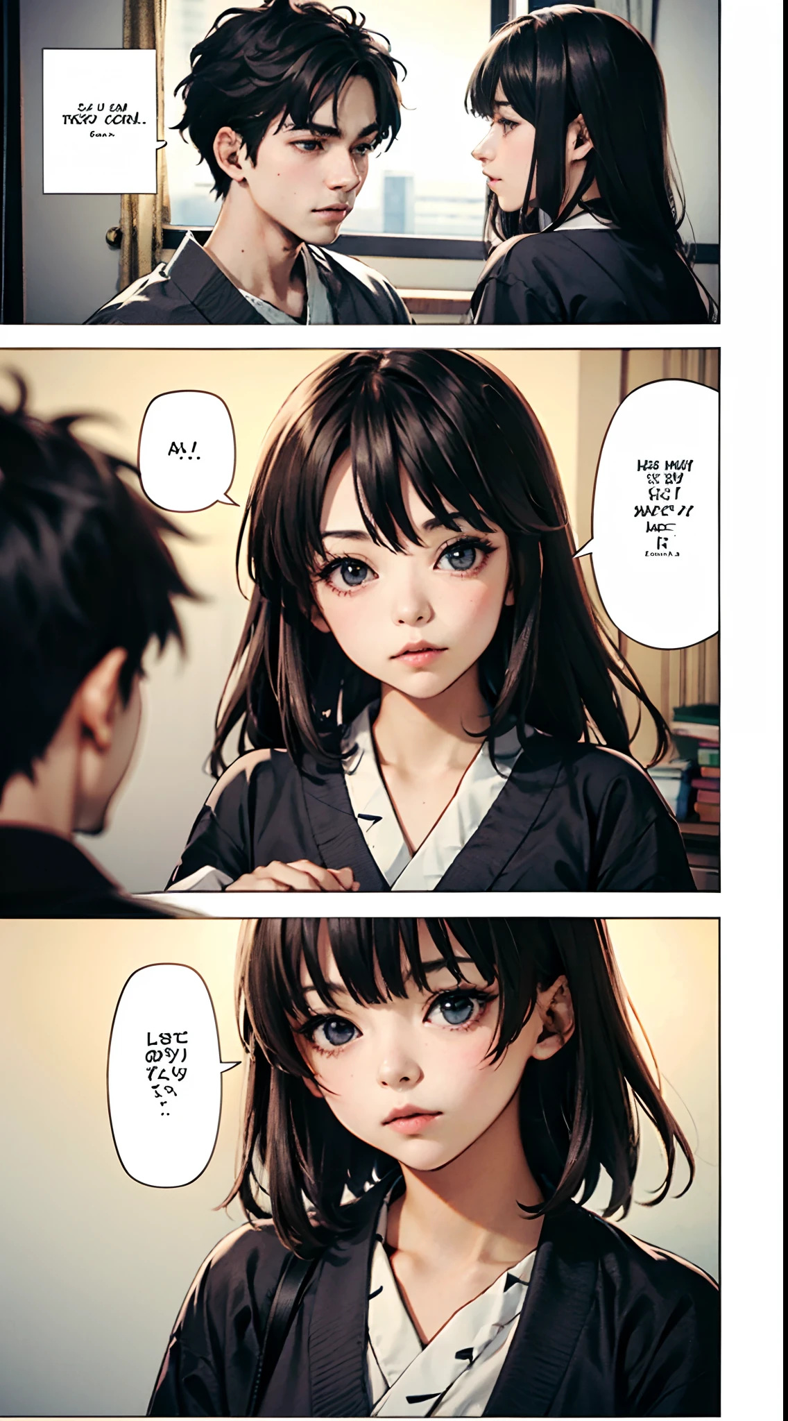 (Masterpiece, best quality), detailed, comics, love scene, 1boy love 1girl, manga page, doujin, ddlc, anime, manga panel, (from right to left, from top to bottom), 1boy, (1boy, young boy, same character, short black hair, t-shirt, full of details), (1girl, young girl, same character, long ginger hair, kimono, full of details)