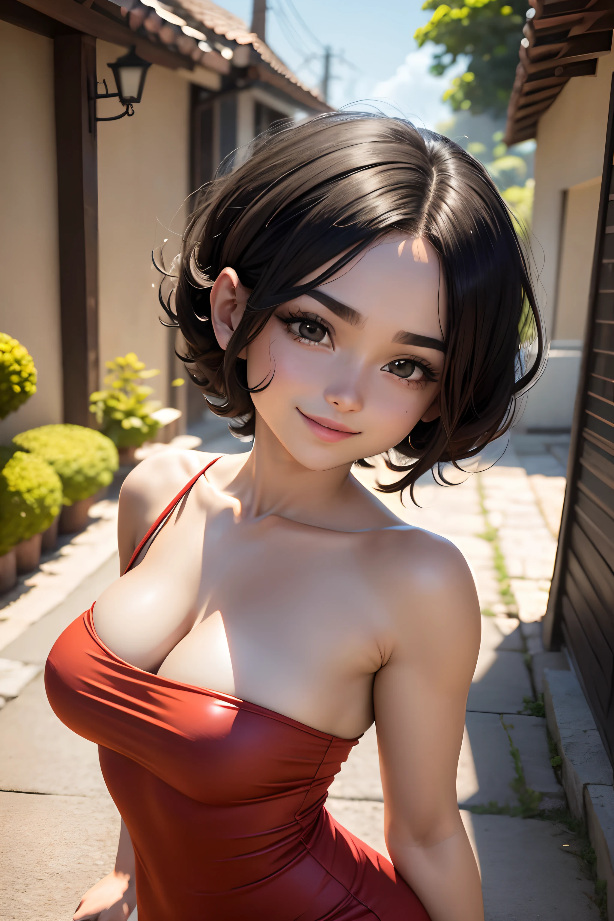 Videl do anime Dragon Ball, short hair, cabelos pretos, olhoscastanho , Beautiful, Beautiful woman, Corpo Perfeito, seios pequenos, usando um vestido, vestido preto, vestido escuro, na rua, rua bonita, muito lindo, Coqueiros, Olhando para o espectador, leve sorriso, realismo, master part, pele texturizada, Super Detalhe, High detail, alta qualidade, melhor qualidade, 1080P, 16k(seios pequenos:1.6), (coxas grossas:1.0), ao ar livre, heaven