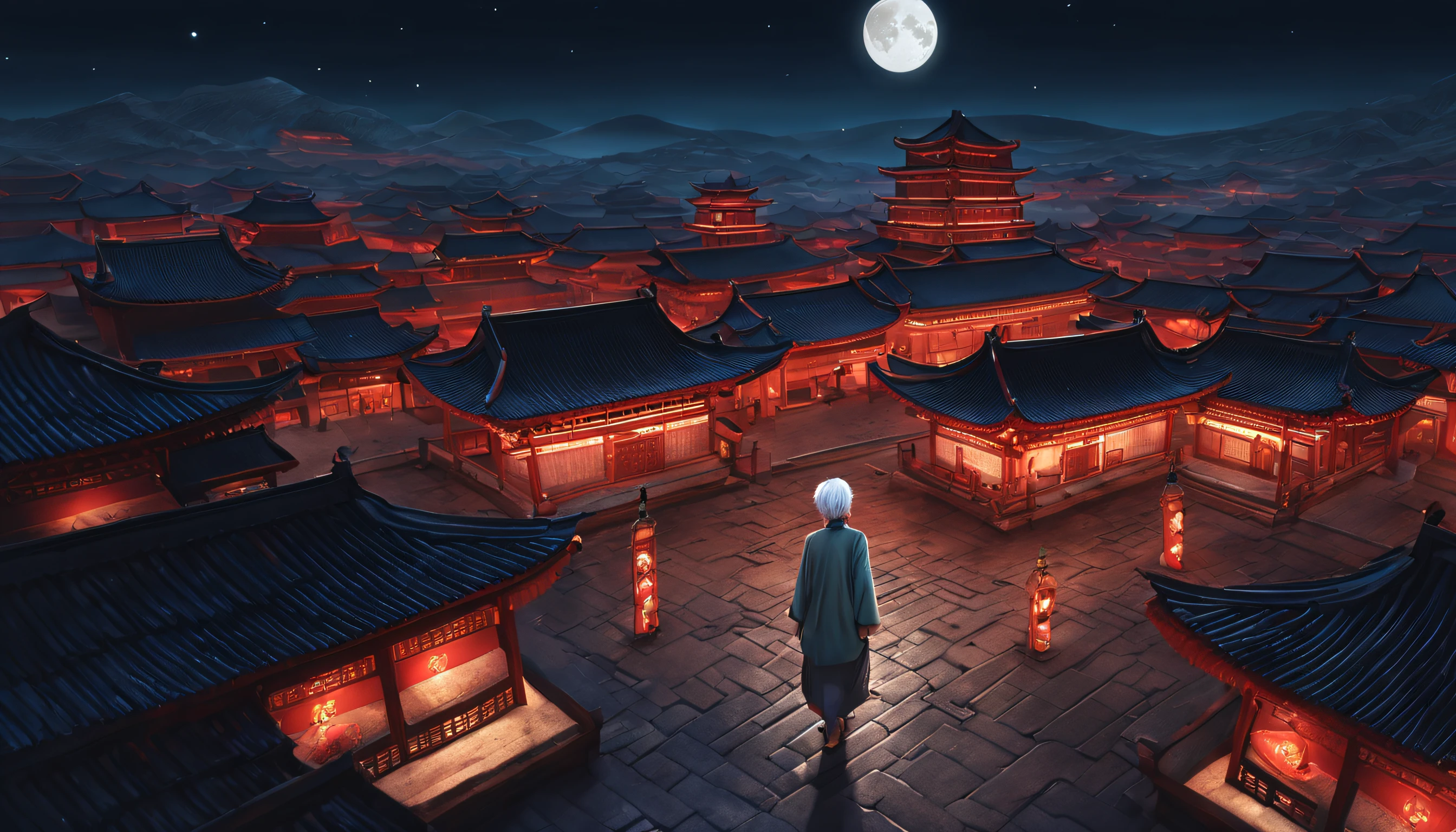 romanticism lain, Verism, Cinematic lighting, letterboxed, From below, Wide-angle, Eye level shots, Masterpiece, Super detail, Textured skin, High details, High quality, Best quality, Award-Awarded, retinas, 8K,(A kind white-haired old man), kindly smiling, looking down on the ground in the moon, the background is a dreamy ancient Chinese city, the city is brightly lit, (there is a girl on the ground looking up at the moon), there are many people around the girl, People are celebrating the Mid-Autumn Festival, sad, sad and beautiful,