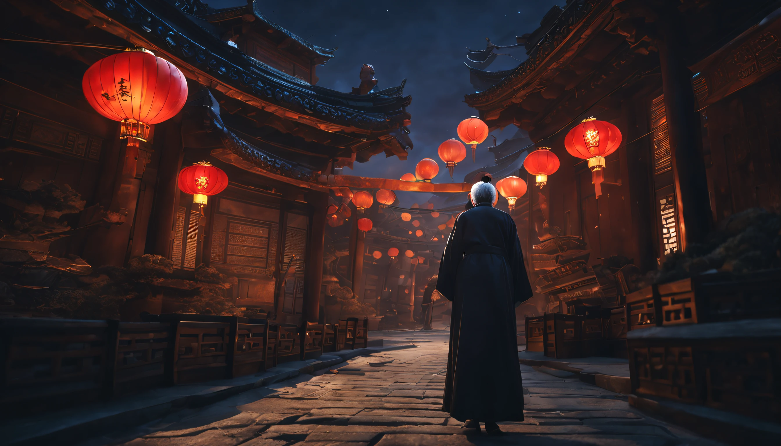 romanticism lain, Cinematic lighting, letterboxed, From below, Wide-angle, Masterpiece, Super detail, Textured skin, High details, High quality, Best quality, Award-Awarded, retinas, 8K,{A kind gray-haired old man}, kindly smile, Look down at the ground on the moon, The background is a fantastic ancient Chinese city, The city is brightly lit, (There was a girl on the ground looking up at the moon), There are many people around the girl, People are celebrating the Mid-Autumn Festival, Sad, Sad and beautiful,