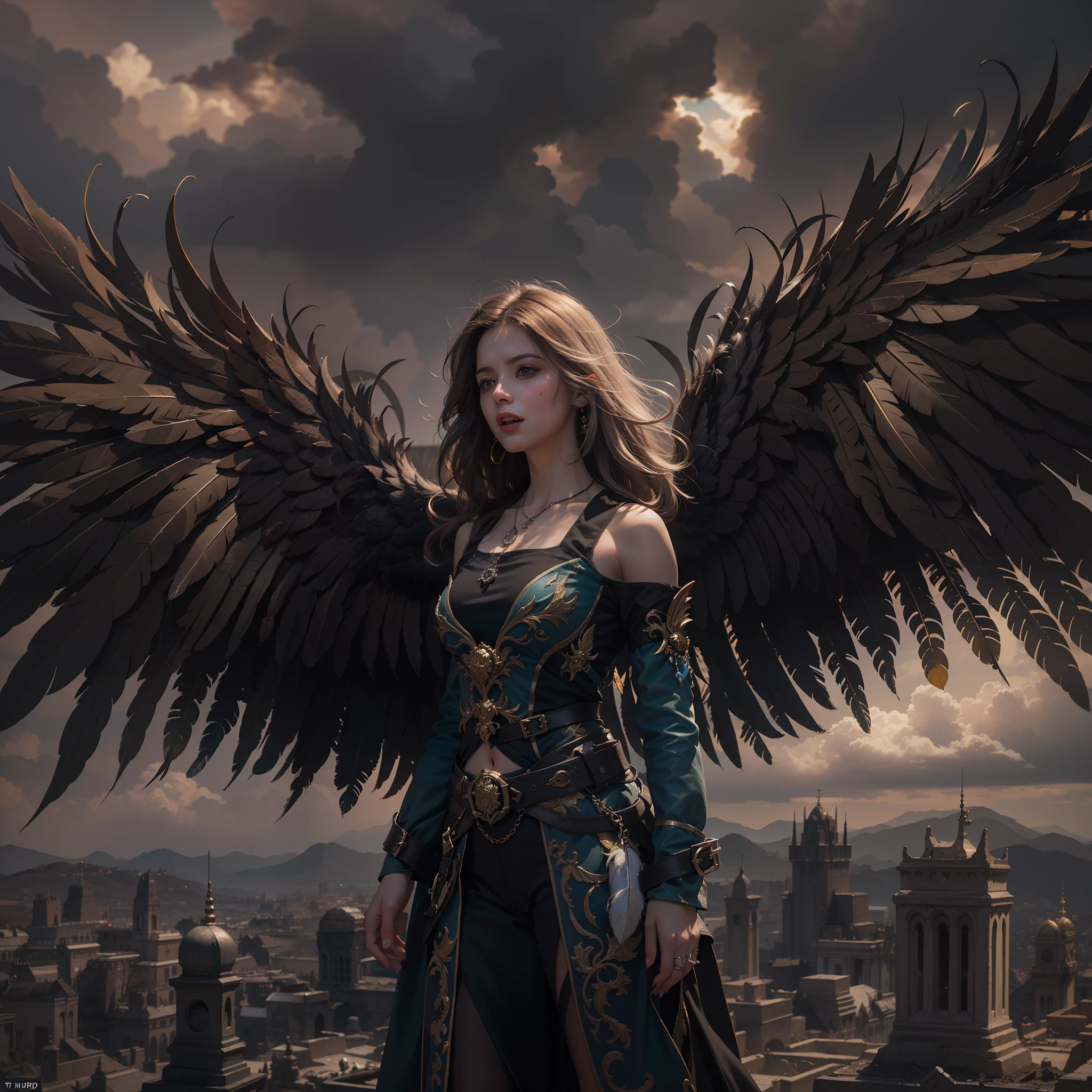 (Numerous award-winning masterpieces of, With incredible details, textures and maximum detail), (full-body standing image:1.8), (up of the upper body:0.3), (Ultra photo realsisim:1.4), (Realistic:1.3), (best quality real texture skin), (The lord's hellish demon warrior: 1.6), (Holding a sinisterly straight hilt,Exudes the glow of hellfire that is carefully decorated: 1.9), (Fine true circle Symmetrical eyes), (Beautifully drawn beautiful face), ((medieval world)), (full body armors,Exquisite decoration,Exudes a sinister sheen: 1.8), (full-body standing image:1.8), (Beautiful and evil eyes), (Open your mouth and laugh happily), (Laughing cruelly), (Insidious eyes full of malice), (Majestic thunderclouds and glittering skies: 1.4), (halo optical phenomenon:1.3), Dramaticlight, A majestic sight, (large wings,There are jet black feathers behind the shoulders:1.7), (((Folded wings))), Glass earrings on the ears, (((Dramatic photo))), (full-body standing image:1.8), (Divine pose), (Golden hair), (Silver hair), (maroon hair), short detailed hair, ((head looking up)), ((Looking down)), (Around her neck is a simple necklace of exquisite workmanship), Old ruins infested with plants, great temple, great cathedral, Temple ruins, detached temple, (Luminous magic circle), Ancient Castle Site, Deserted ruins, crumbling ruins, Ancient ruins with clear water, Highly detailed, Ultra-realistic, Intricate details, Painting (artwork of a), ((Masterpiece,Best quality)), ((Cinematic light)), Ultra photo realsisim, fearsome, Dark fantasy, holy rays, epic realistic, Faded, ((com cores neutras)), art, (hdr:1.5), (pastel colour:1.2), ultra - detailed, (Art Station:1.5), Cinematic, warm lights, Light effect, Dramaticlight, (Intricate details:1.1), the complex background, (greg rutkovsky:0.8), (Teal and orange:0.4),