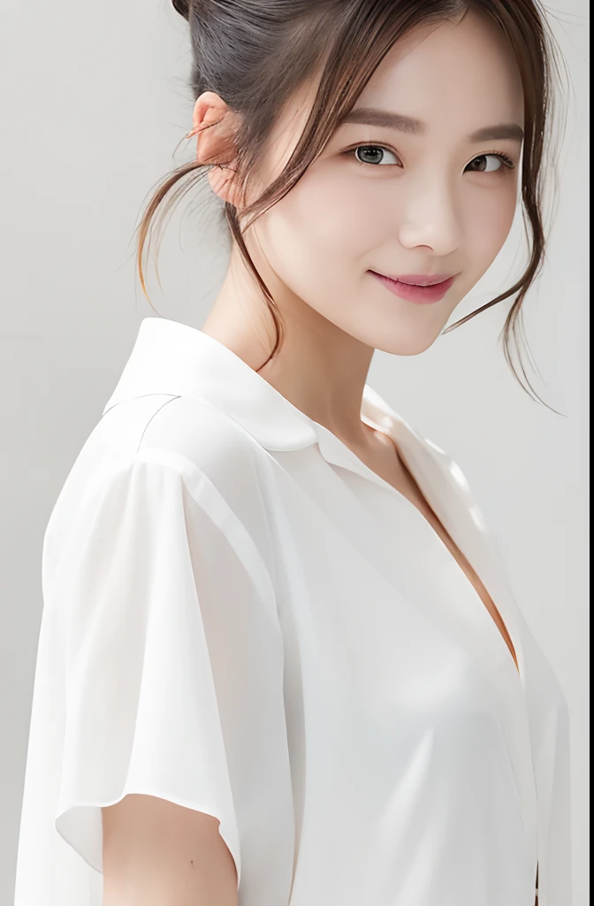 Woman with upper eyes、Smirking expression、Bun hair、Wears a white shirt、studio shoot、Chest close