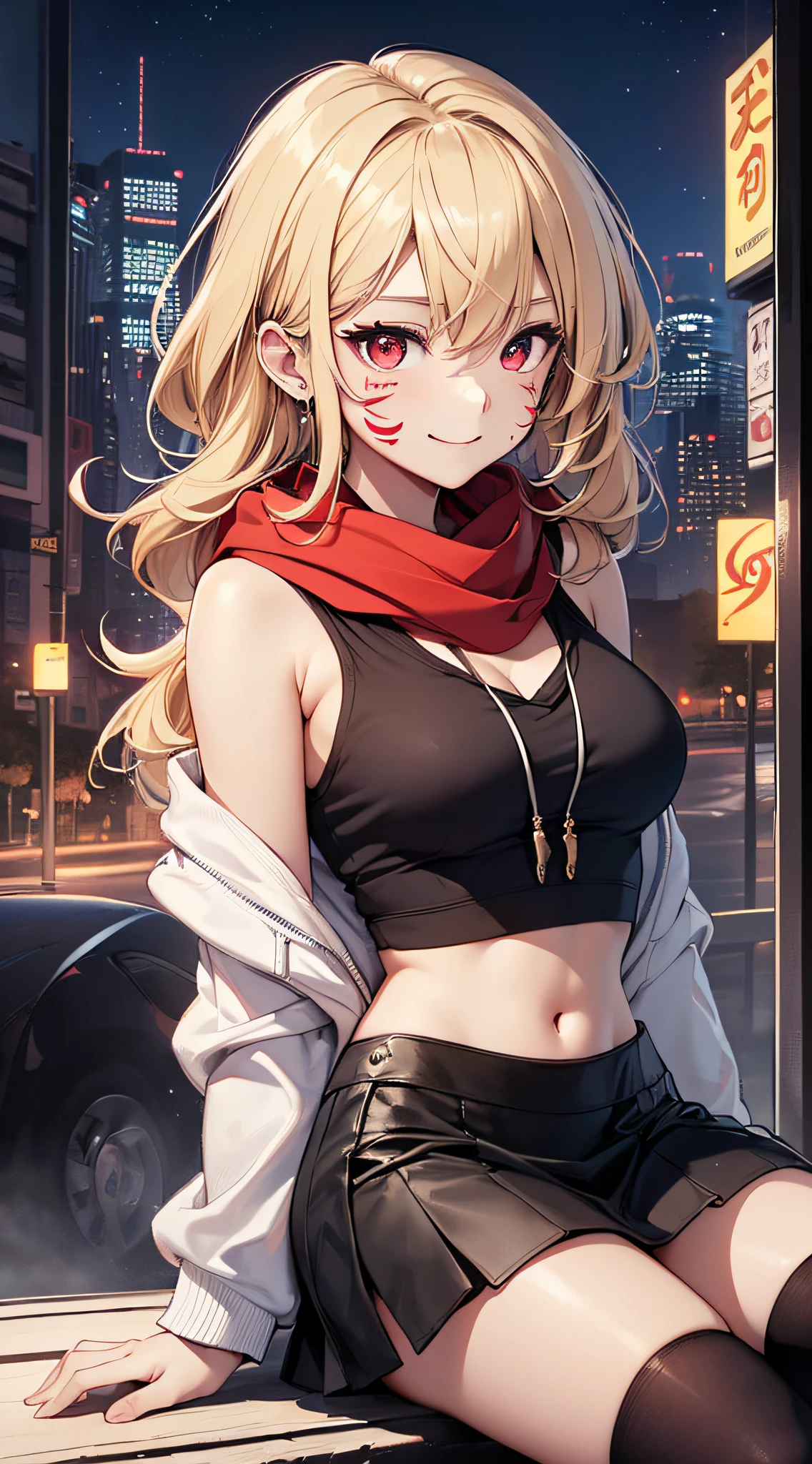top-quality、Top image quality、masterpiece、girl with((18year old、Blue navel tank top、Black short skirt、White hoodie、Best Bust、Bust 90、Blonde Away Tail、Red Eyes、open chest wide、Valley、Happiness、A slender、ssmile、Red Face Paint、Black scarf、Reflecting the whole body、Gao's Pose、Slouched))hiquality、Beautiful Art、Background with((nightcity))、masutepiece、Elaborate design、visualart、