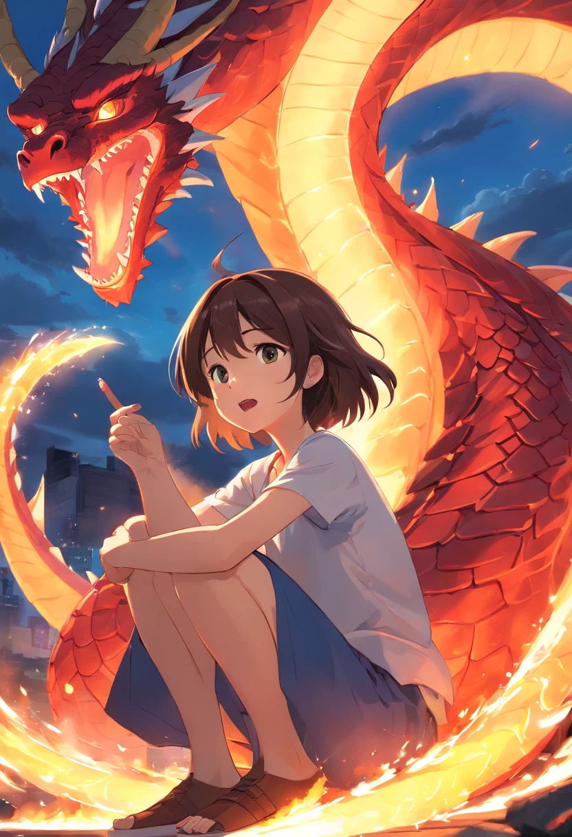 the young girl is  sitting within  the coil of a large dragon and the dragon is breathing fire , breasts, tail, wings, sharp teeth, horns, brunette,  chinese dragon .