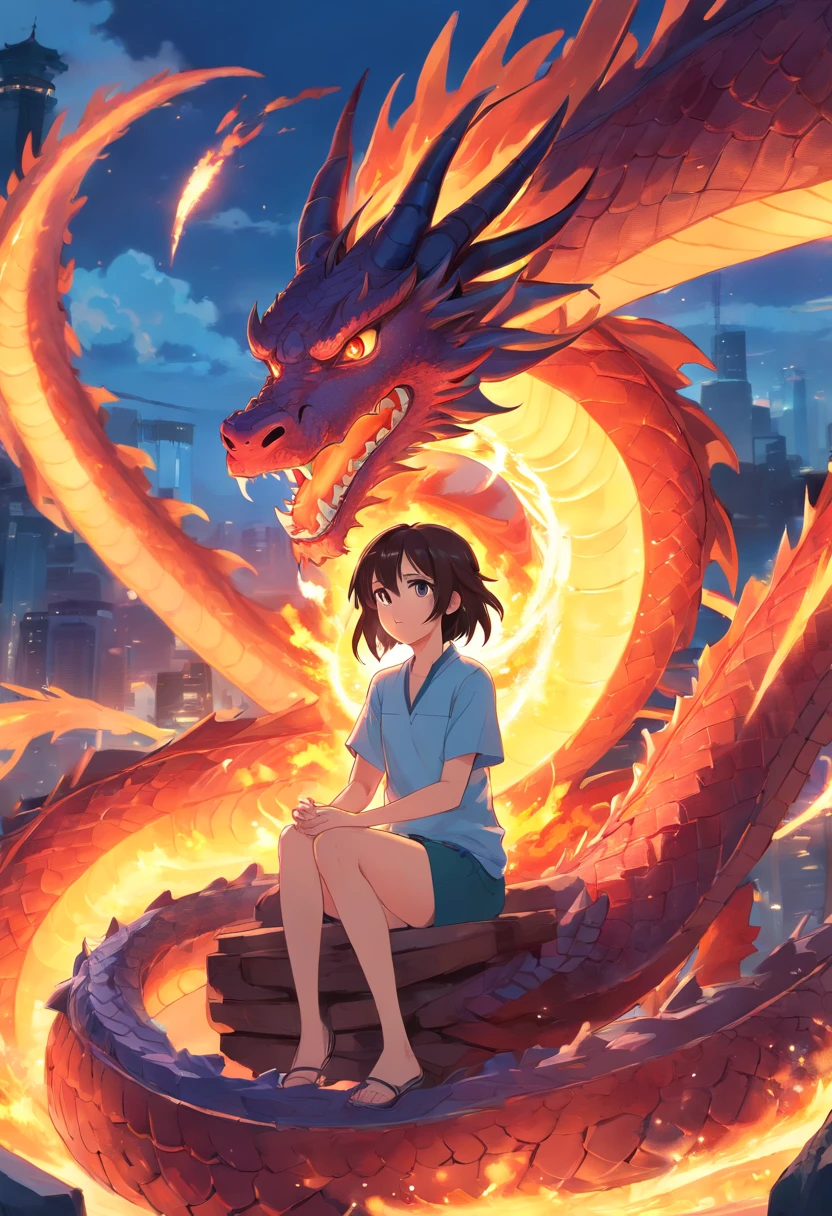 the young girl is  sitting within  the coil of a large dragon and the dragon is breathing fire , breasts, tail, wings, sharp teeth, horns, brunette,  chinese dragon .