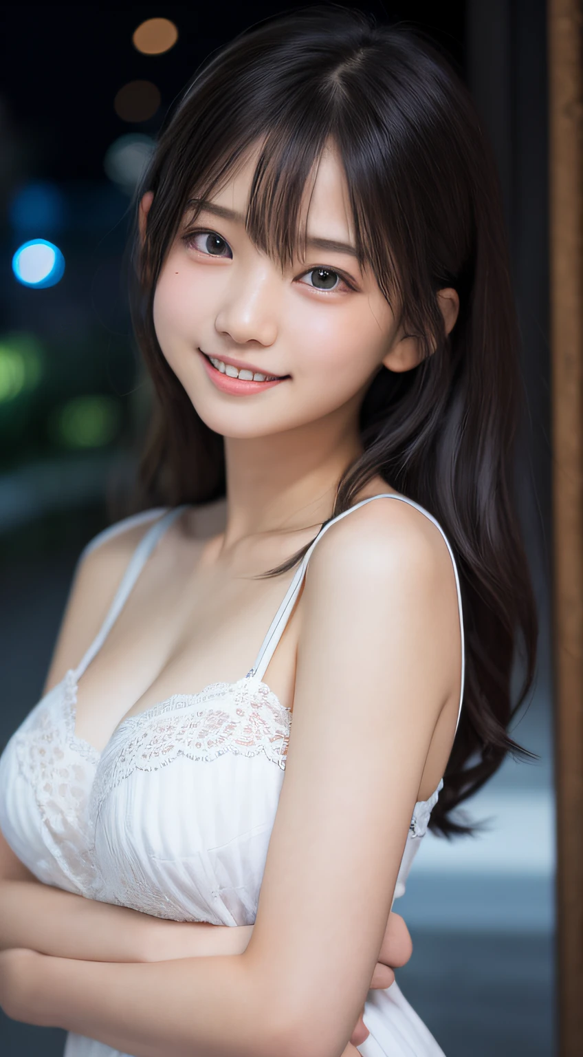 masutepiece, Best Quality, 8K, 15yo student, Teen, Raw photo, absurderes, award winning portrait, Smile, Smile, Solo, Night, neons, Idol face, violaceaess, gardeniass, Delicate girl, Upper body, Digital SLR, Looking at Viewer, Candid, Sophisticated, zora々Right, Thin arms, Professional Lighting, Film grain, chromatic abberation, (Eyes and faces with detailed:1.0), (Bokeh:1.1) , gigantic breast