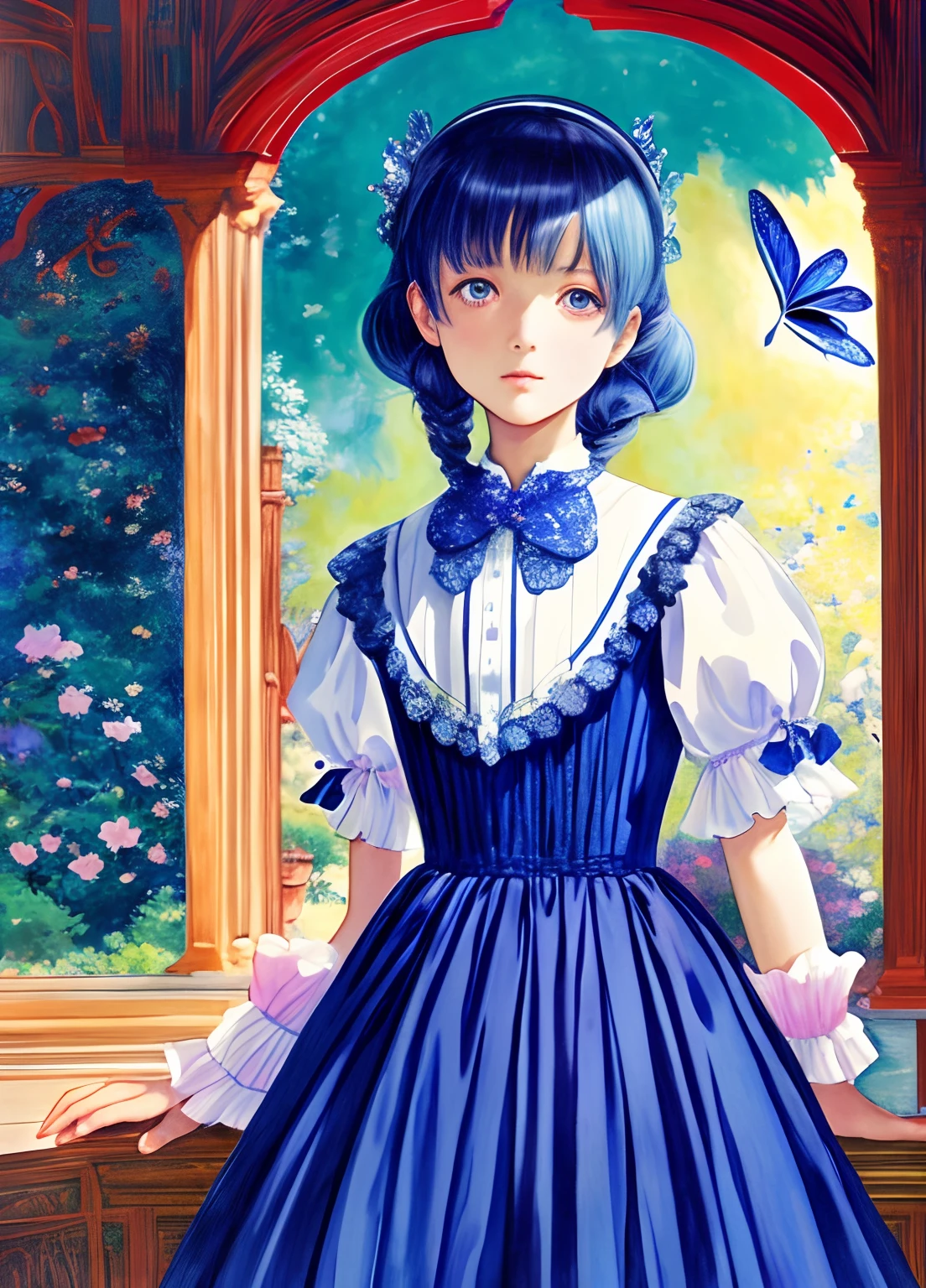 (author:Higuchi Yuko:1.3),(author:Miu Komatsu:1.4),(Masterpiece,Best quality,Official fine art,Beauty and aesthetics:1.2),(ultra - detailed),finely detailled,Best Illustration,Hand drawn high quality,(hight contrast),(clean linework:1.3),(linear art),line drawn,(Complex lines),清晰的线条,pen painting,dynamic angle,Simple color matching,(Portrait,above chest,Extremely close: 1.1),,Little girl,In the tranquil garden or courtyard,Big eyes,(wavey air,pigtails),Wraparound composition,Flat chest,Mysterious night,(Increate Details),(detailedbackground:1.2),(Light and elegant color scheme),A high resolution,an art deco,by Yoshitaka Amano,Blue butterfly tiara,Beautiful dress,Simple clothes,