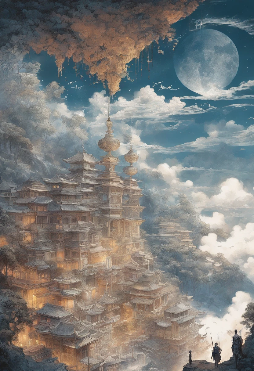 DUNGHUANG,DUNGHUANG BACKGROUND,on the sky,on the clouds,Fairyland, surrounded by clouds and smoke, oriental palace bridge, monster, abstract dream, space, intricate, grand scale, alone, cinematic film still, insane detail, sharp focus, depth of field, realistic lighting, (realistic perspective), complex, (multiple subjects), 4k HDR, <lora:add_detail:0.5> <lora:more_details:0.25> <lora:FantasyWorldV1:0.25>