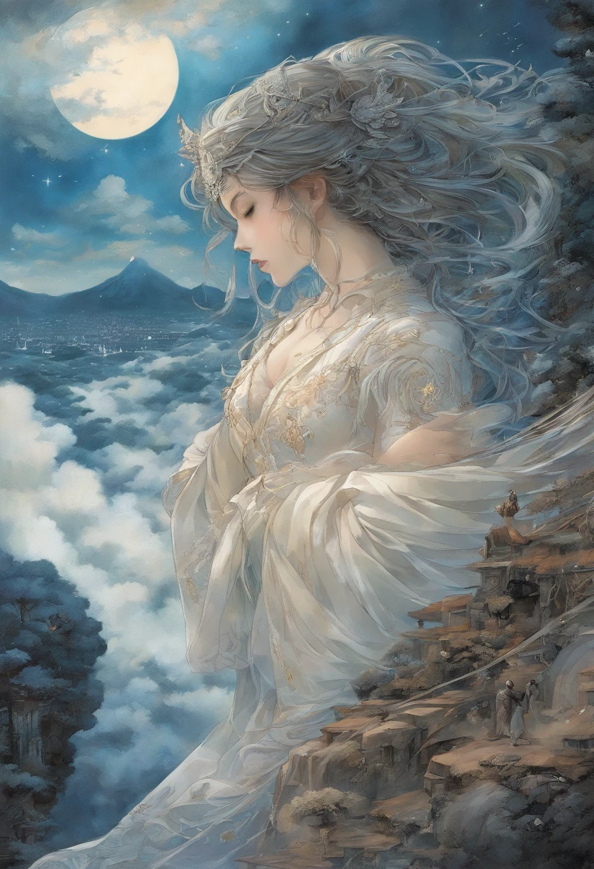 ((melhor qualidade)), ((obra-prima)), (detalhado), ((nua)), succubus sedutora, ethereal beauty, empoleirada em uma nuvem, (Fantasy Illustration: 1.3), olhar encantador, pose cativante, asas delicadas, charme sobrenatural, mystical sky, (Luis Royo:1.2), (Yoshitaka Amano:1.1), noite de luar, cores suaves, (paisagem de nuvens detalhada:1.3), (alta resolução:1.2)