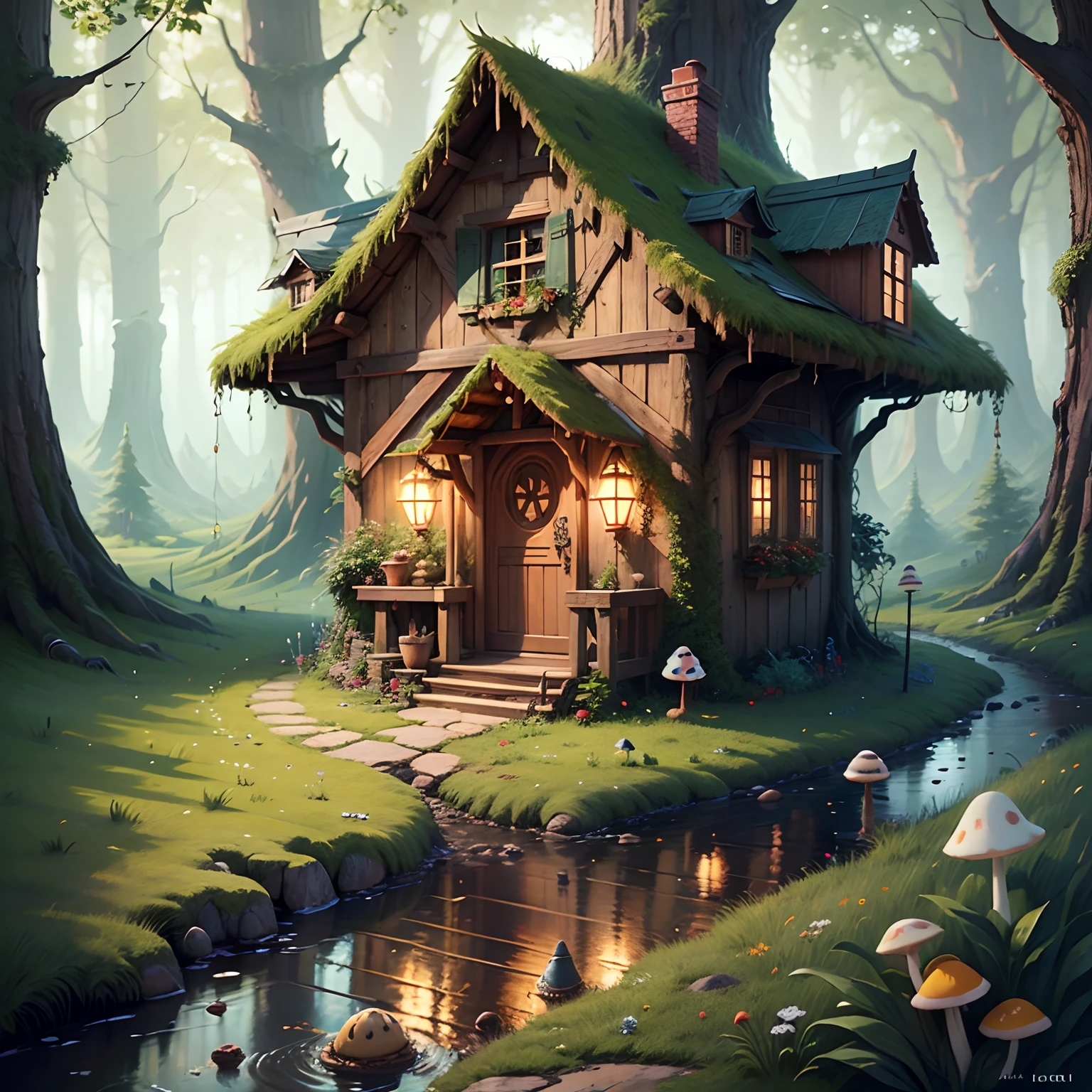 Little elf, Hold a cane., Forest landscape, Mushroom House, river, lighting, 8k quality, Details, Movie Focus