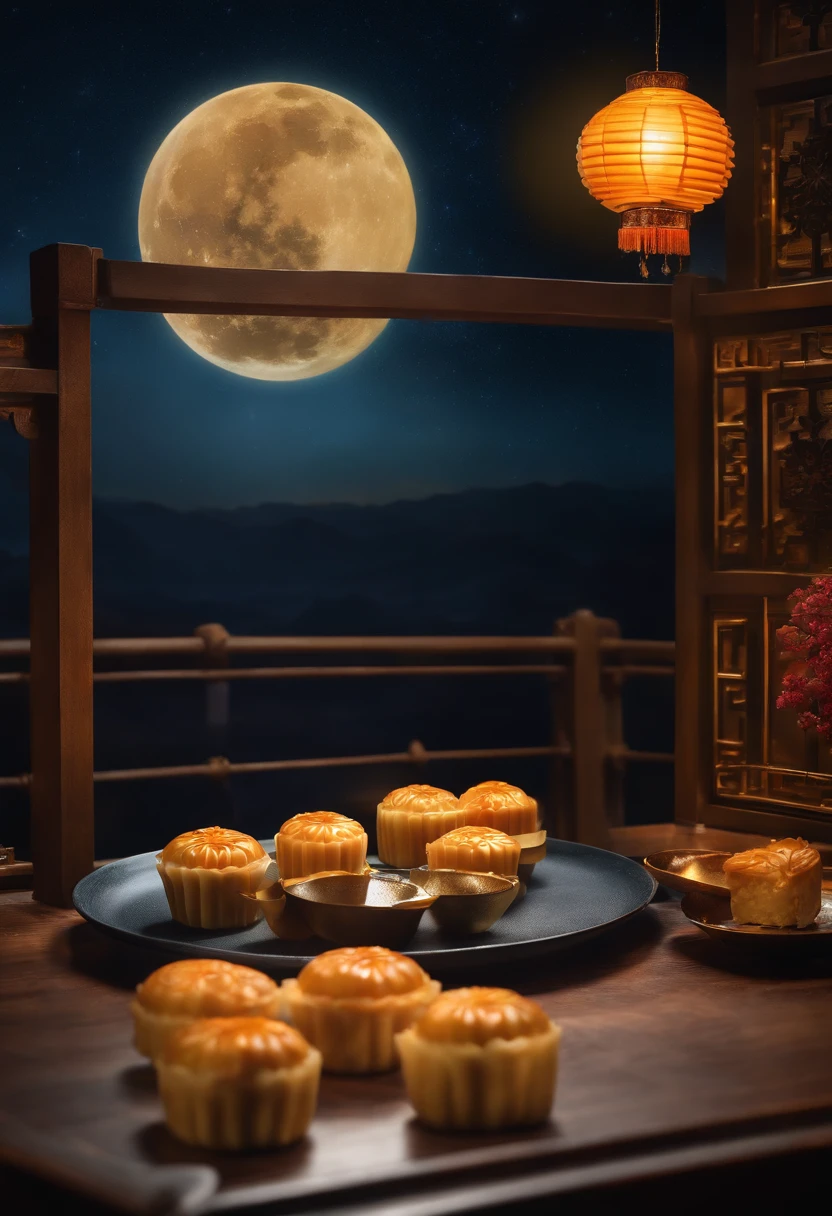 Commercial shooting, Cantonese egg yolk mooncakes, themoon, Night sky poster, Fresh style background, elegant, Booth lighting, Attractive, photorealistic colors, Ultra HD