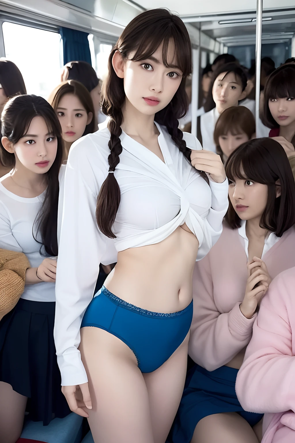 Knee up, masutepiece, Best Quality,8 girls on the bus,(5 people standing:1.2),Standing,Teenage, Looking at Viewer,l Group shot, harems,nffsw,Retro white underwear,  (pantiy),Realistic,Blue blouse ,(Looking back, ass grab:0.9),(Beautiful eyes:1.3),frombelow,From below,Kinney,(skinny:1.2) ,thick thighs, Long body, novel illustration,(Smelly eyes:0.5),closed curtains,(shirts lift,lifted by self:1.5) ,Dark Persona.Skirt lift front,(Panties:1.3)、Bend your right leg、Braids、From  above,