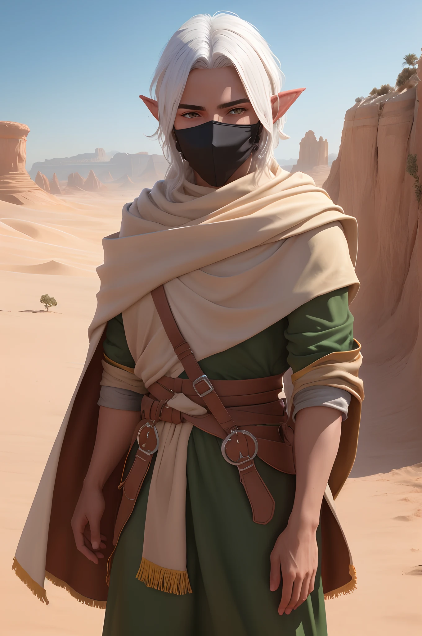 Elfo, male, joven, desert scenery, roupas pesadas, wearing a mask, sem manto, cabelos loiros dourados longos , olhos vermelhos forte