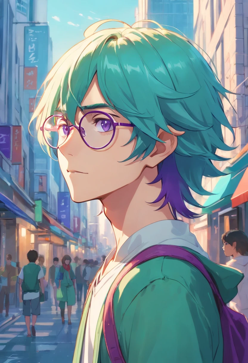 French young elf guy with long turquoise hair and purple eyes, wears glasses Noisy city street