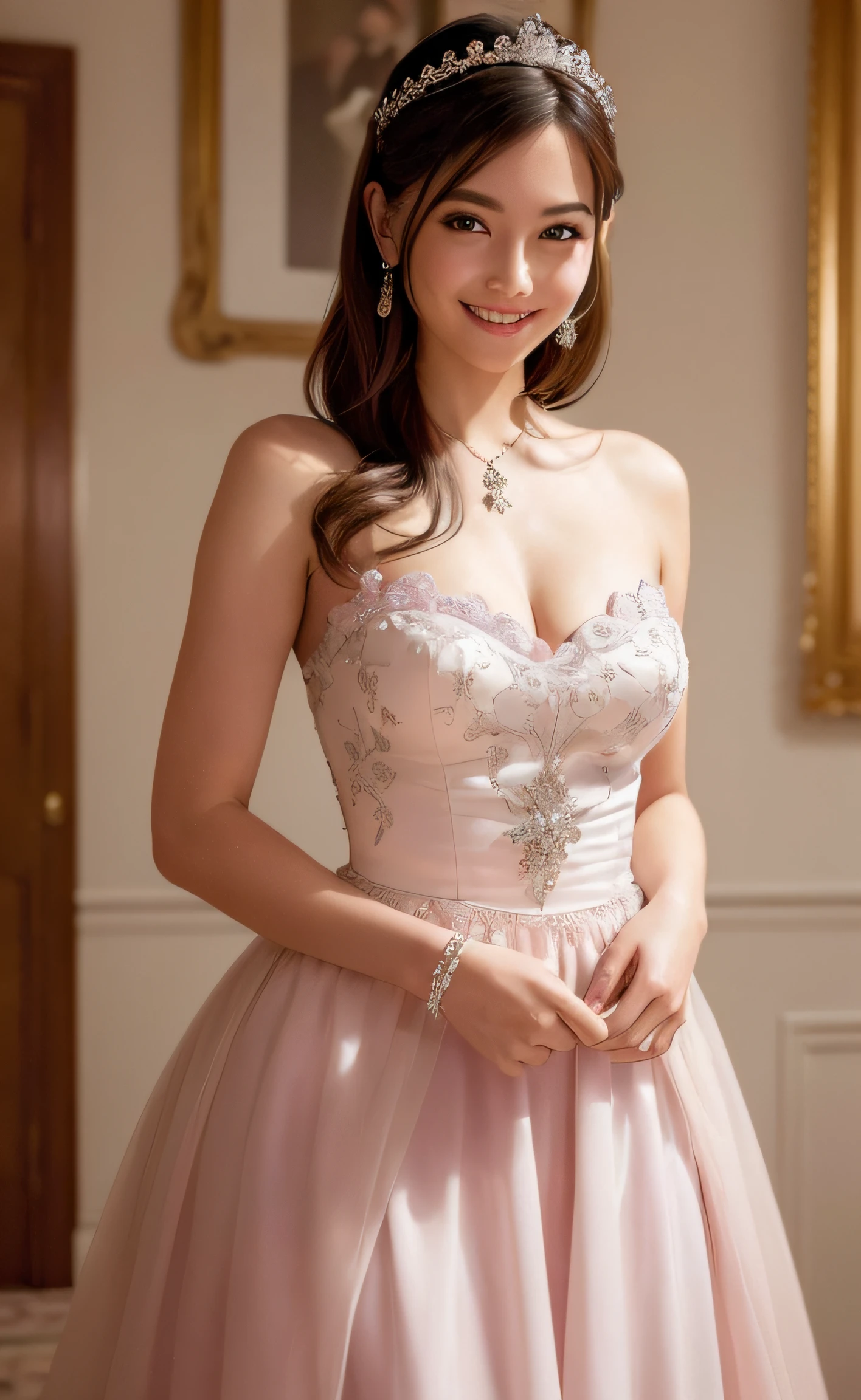 Best Quality, 超A high resolution, (Photorealistic:1.4), (Detailed beautiful girl:1.4), (medium breasts:0.8), younggirl, Dressed like a princess, Looking at the camera, Cute smile, Slender body, Beautiful face, Stand in the room for the queen in court