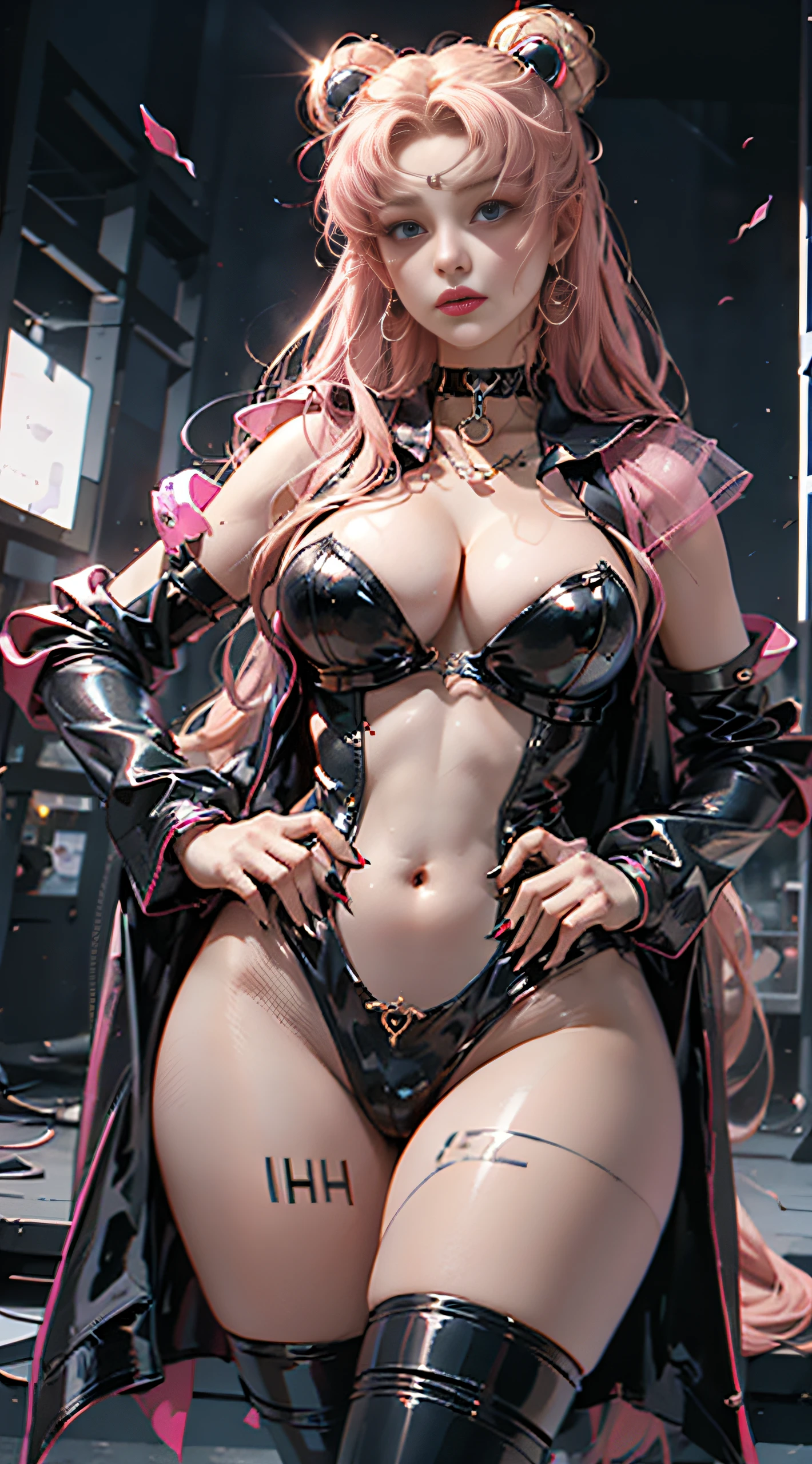 From below, ((cleavage looks bigger:1.8)),bared chest,bare belly,Full body stockings:1.5,Black See-Through Lace:1.5,Full body fishnet stockings:1.4,Sexy leg slit dress:1.4,Black camisole)),Wearing a red dynamic stall,red eyes make up very sharp and detailed,: 1.5,Red Eye Shadow,shackle,BDSM,Gothic punk costumes:1.3,((A pink-haired:1.5,Ultra straight pink twin-tailed style fluttering hair that is thin and long enough to touch the ground)), Model pose with hands on hips、 Black tiara on forehead,Black Lady,dark queen,Black Punk Choker:1.2,(NSFW:1.2),heeled sandals,masutepiece, full: 1.3, to stand, 8K,。.。.。.3D, Realistic, Ultra Micro Photography, of the highest quality, Wallpapers with extreme details CG Unity 8K, Intricate details, dynamic ungle,highly dramatic picture,Dynamic Sexy Pose, (1 female), 35 years old, dame,Vanity fair,a matural female,Black Latex Bodysuit,(meishaonv,,tiarra, ), Hair bun, Colossal tits, (Black color,Pants are visible, earrings,Black Crystal Earrings), ( Face Details: 1.5, Beautiful face, Beautiful eyes, Outline of the iris, thin lips, thin and sharp pale eyebrows, long dark eyelashes, Double eyelashes), Luxurious Golden Jewelry, thin and muscular,,,,,a small face, Perfect proportions, thin waist, SEXY Model Pose, Visible Pore, Naughty face, Perfect hands: 1.5, Very thin and fitting high-gloss black holographic leather,Black Latex Long Coat, Octane Rendering, Strong natural light, Sunlight, exquisite lighting and shadow, Dynamic Angle, Digital SLR, Sharp Focus: 1.0, Maximum clarity and sharpness, (cosmic background,Holy of Hell and Destruction,Red Moon, dynamic background, Detailed background),(Rabbit, Double bun, Twin-tailed, Parted bangs, circlet, Jewelry, earrings, Choker, mecha musume
),armor,GothGal,volume_nikke,
