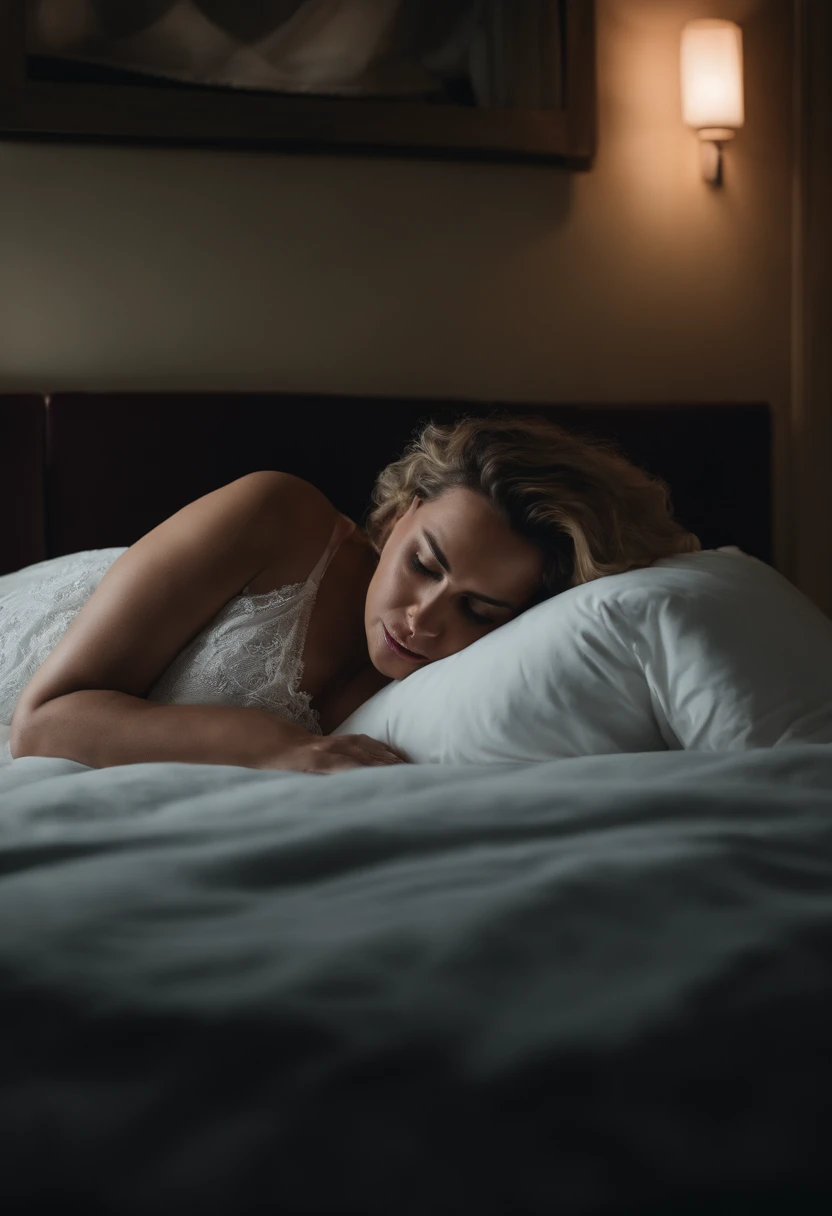 Mulher nua Gorda de cor branca totalmente seios fartos e realistas em pose sexy se insinuando deitada numa cama de motel