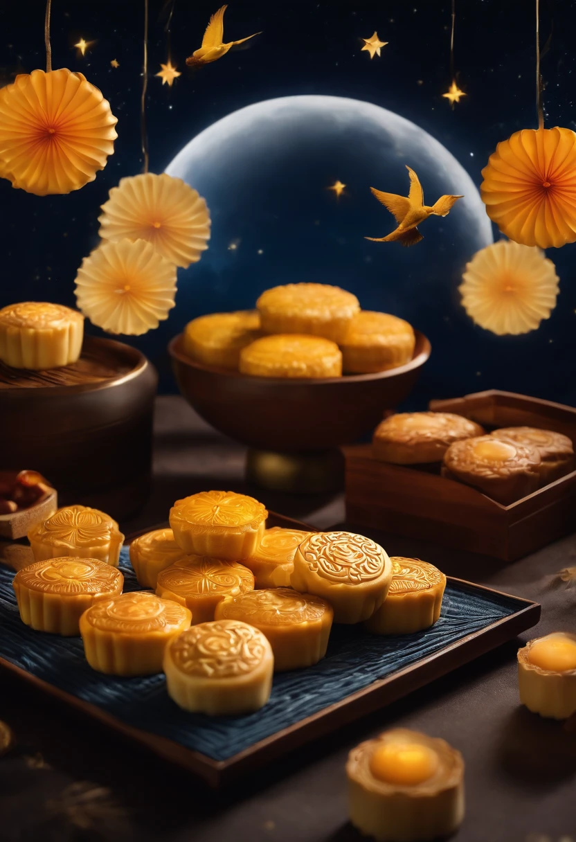 Commercial shooting, Cantonese egg yolk mooncakes, themoon, Night sky poster, Fresh style background, elegant, Booth lighting, Attractive, photorealistic colors, Ultra HD
