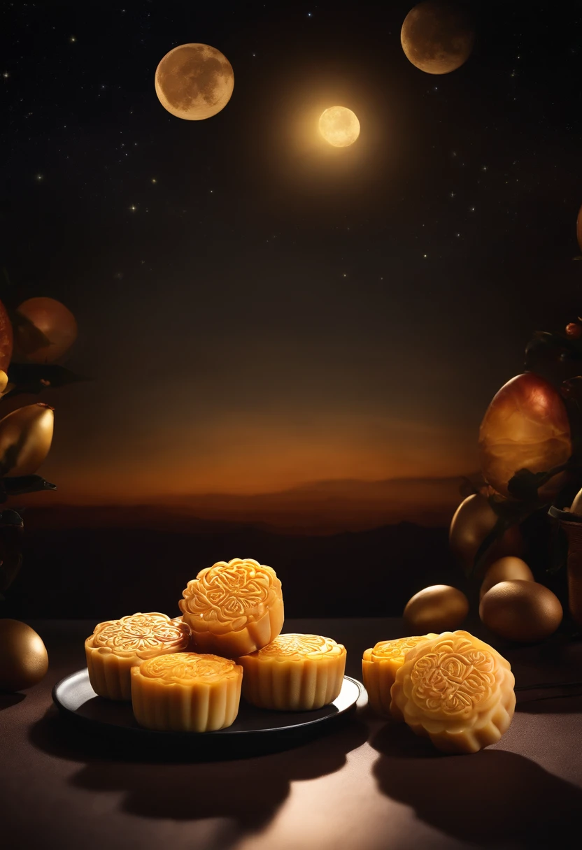 Commercial shooting, Cantonese egg yolk mooncakes, themoon, Night sky poster, Fresh style background, elegant, Booth lighting, Attractive, photorealistic colors, Ultra HD