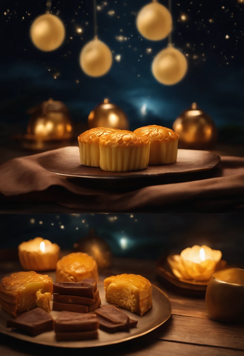 Commercial shooting, Cantonese egg yolk mooncakes, themoon, Night sky poster, Fresh style background, elegant, Booth lighting, Attractive, photorealistic colors, Ultra HD
