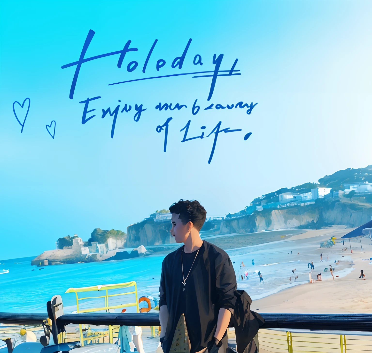 there is a man standing on the beach with a skateboard, Holiday, festivity, Titled "Beach Holiday", 🌻🎹🎼, 2 0 1 5, 2015, 2016, 2 0 1 6, album covers, 2 0 1 8, 2018, 2 0 1 7, 2017