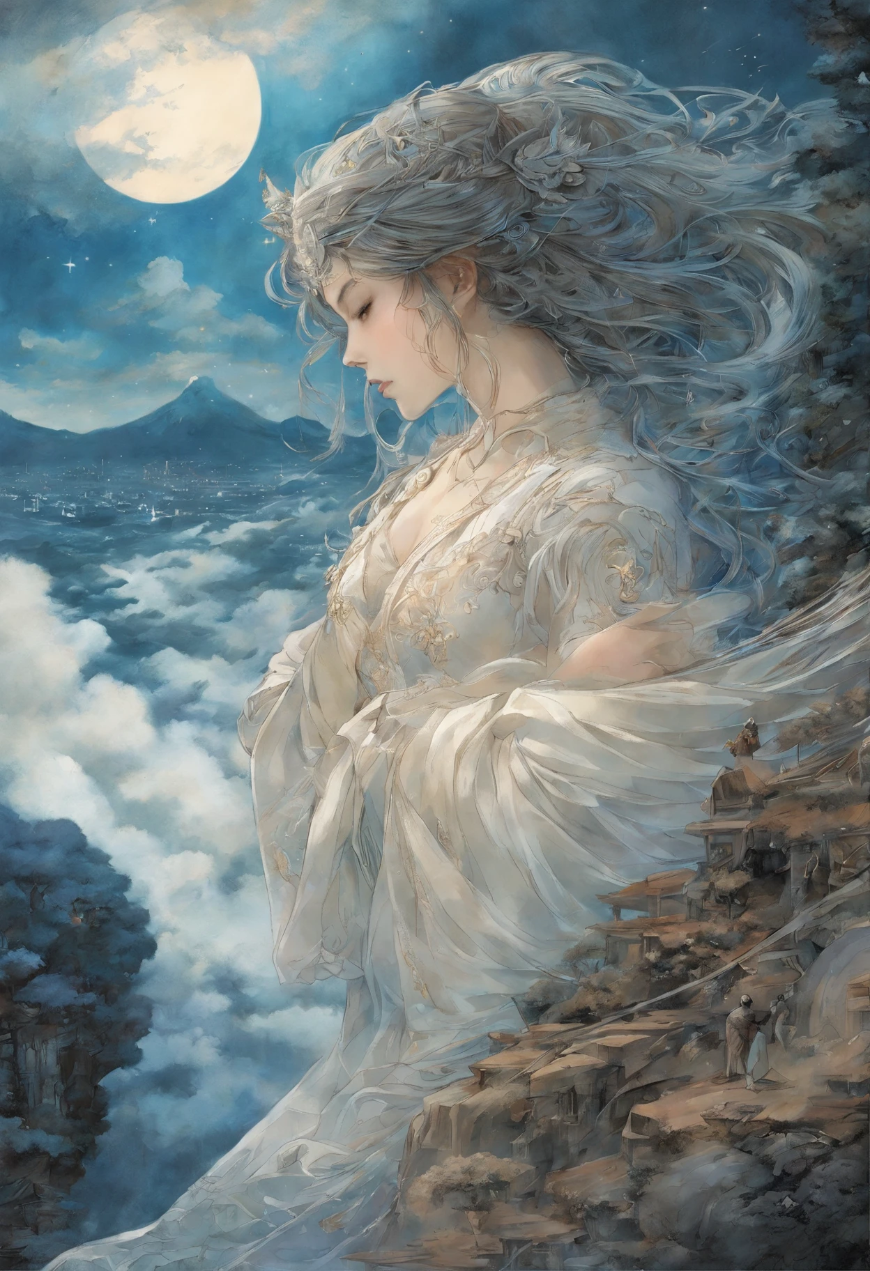 ((melhor qualidade)), ((obra-prima)), (detalhado), ((nua)), succubus sedutora, ethereal beauty, empoleirada em uma nuvem, (Fantasy Illustration: 1.3), olhar encantador, pose cativante, asas delicadas, charme sobrenatural, mystical sky, (Luis Royo:1.2), (Yoshitaka Amano:1.1), noite de luar, cores suaves, (paisagem de nuvens detalhada:1.3), (alta resolução:1.2)