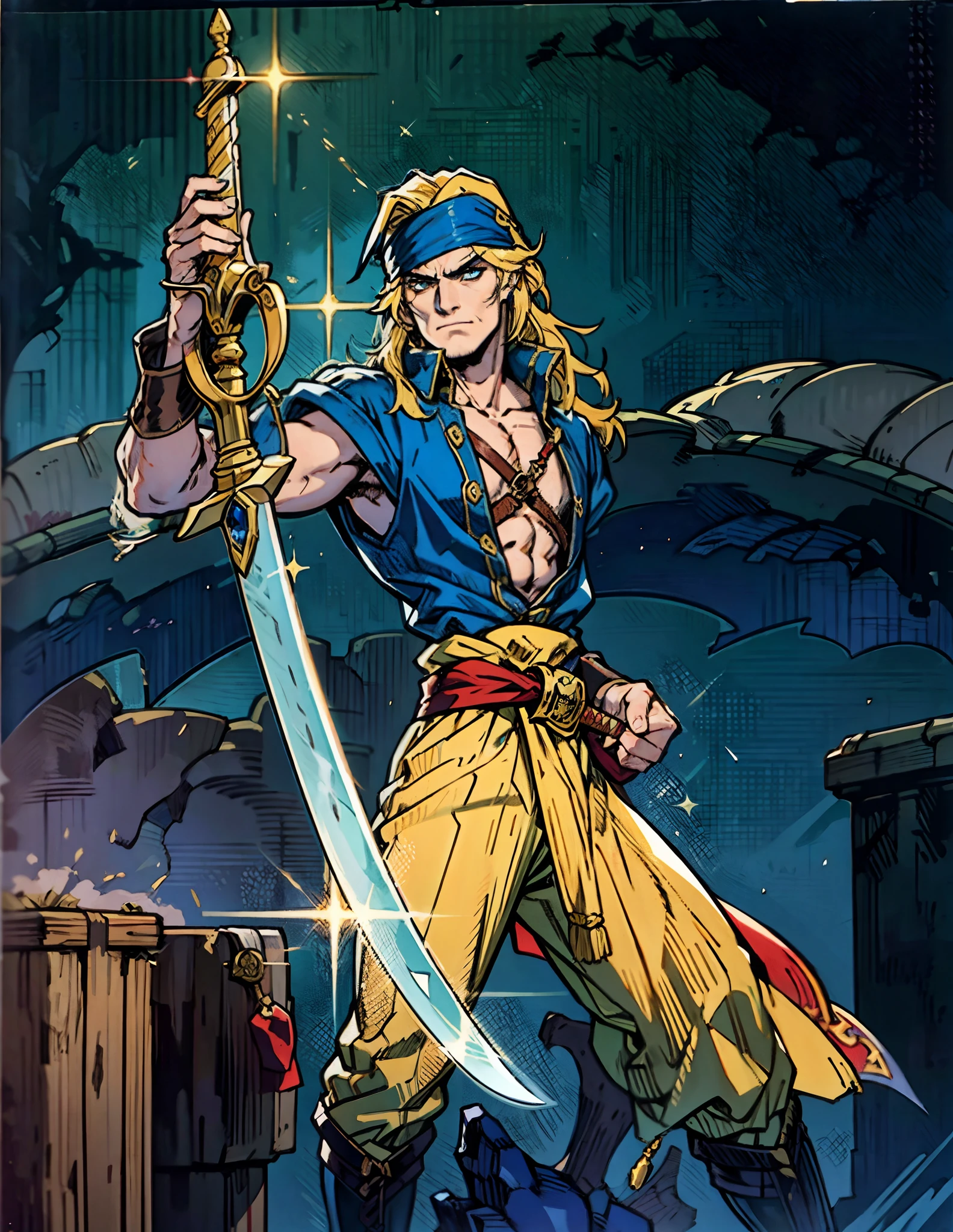 A man with long golden hair, wearing a deep blue headscarf, has a cunning look in his eyes, a stubbled chin, he is dressed in a light blue open-chested shirt with a fantasy pirate style, he has a wide yellow sash around his waist, decorated with a red ribbon, he wears matching utility pants, he holds a long pirate-style sword, a long pirate-style sword with a golden guard, gripping it in reverse, he stands by the pier under the night sky, this character embodies a finely crafted fantasy-style pirate in anime style, characterized by an exquisite and mature manga illustration art style, high definition, best quality, highres, ultra-detailed, ultra-fine painting, extremely delicate, professional, anatomically correct, symmetrical face, extremely detailed eyes and face, high quality eyes, creativity, RAW photo, UHD, 8k, Natural light, cinematic lighting, masterpiece:1.5
