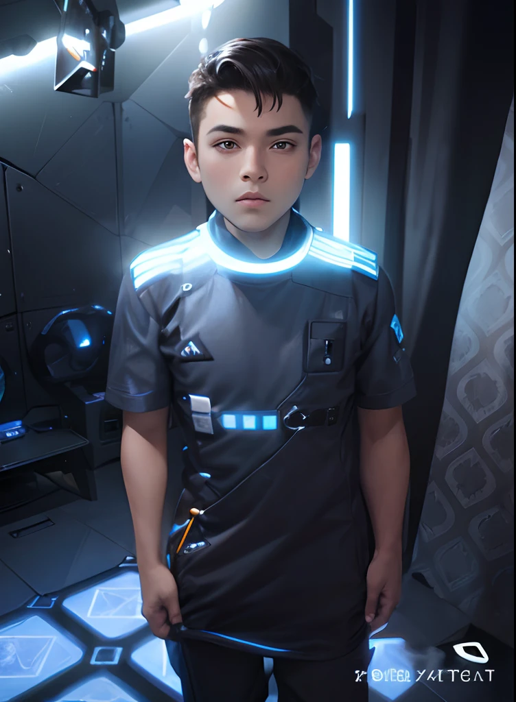 A detailed realistic photo of a young beautiful twink 18-year-old boy cyberpunk shadow hunter with a realistic preternaturally cute boyish face (Asher Angel). Naked. Lean. Skinny. Short blonde hair. Sidecut. Tattooed. Overlooking a glowing cyberpunk metropolis from an airship at night. very small uncircumcised cock and ????????? exposed. Short trimmed pubes.