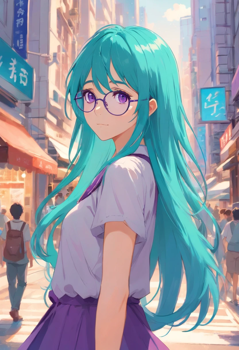 A French young elf with very long turquoise hair and purple eyes, wears glasses Noisy city street