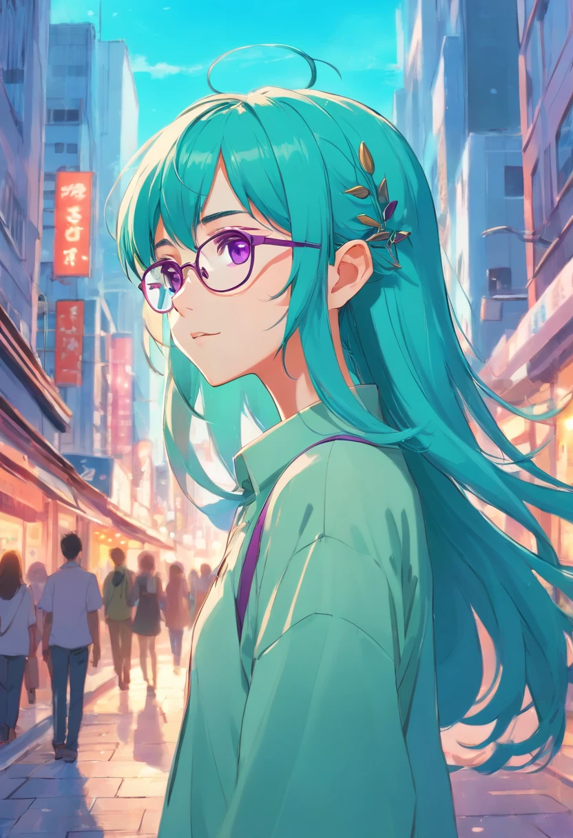 A French young elf with very long turquoise hair and purple eyes, wears glasses Noisy city street