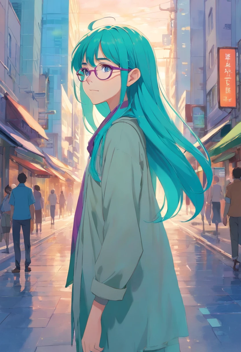 A French young elf with very long turquoise hair and purple eyes, wears glasses Noisy city street
