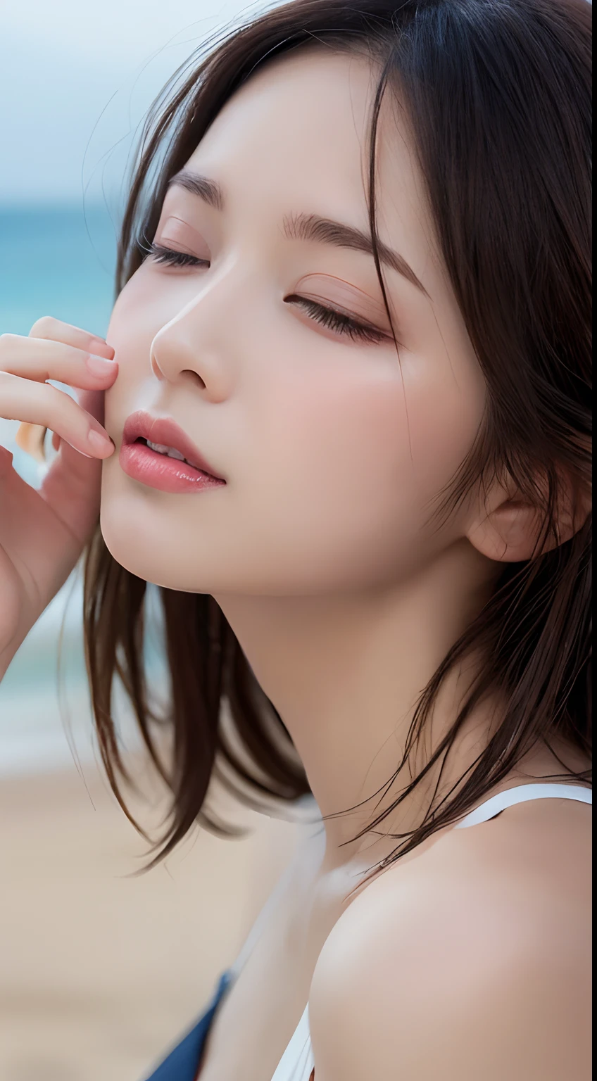 masutepiece, Best Quality, Illustration, Ultra-detailed, finely detail, hight resolution, 8K Wallpaper, Perfect dynamic composition, Beautiful detailed eyes, Swimsuit, Natural Color Lip,Beach, Random and cute poses, Kissing face,Close your eyes,Kiss the viewer,Perfect and beautiful face,Cute