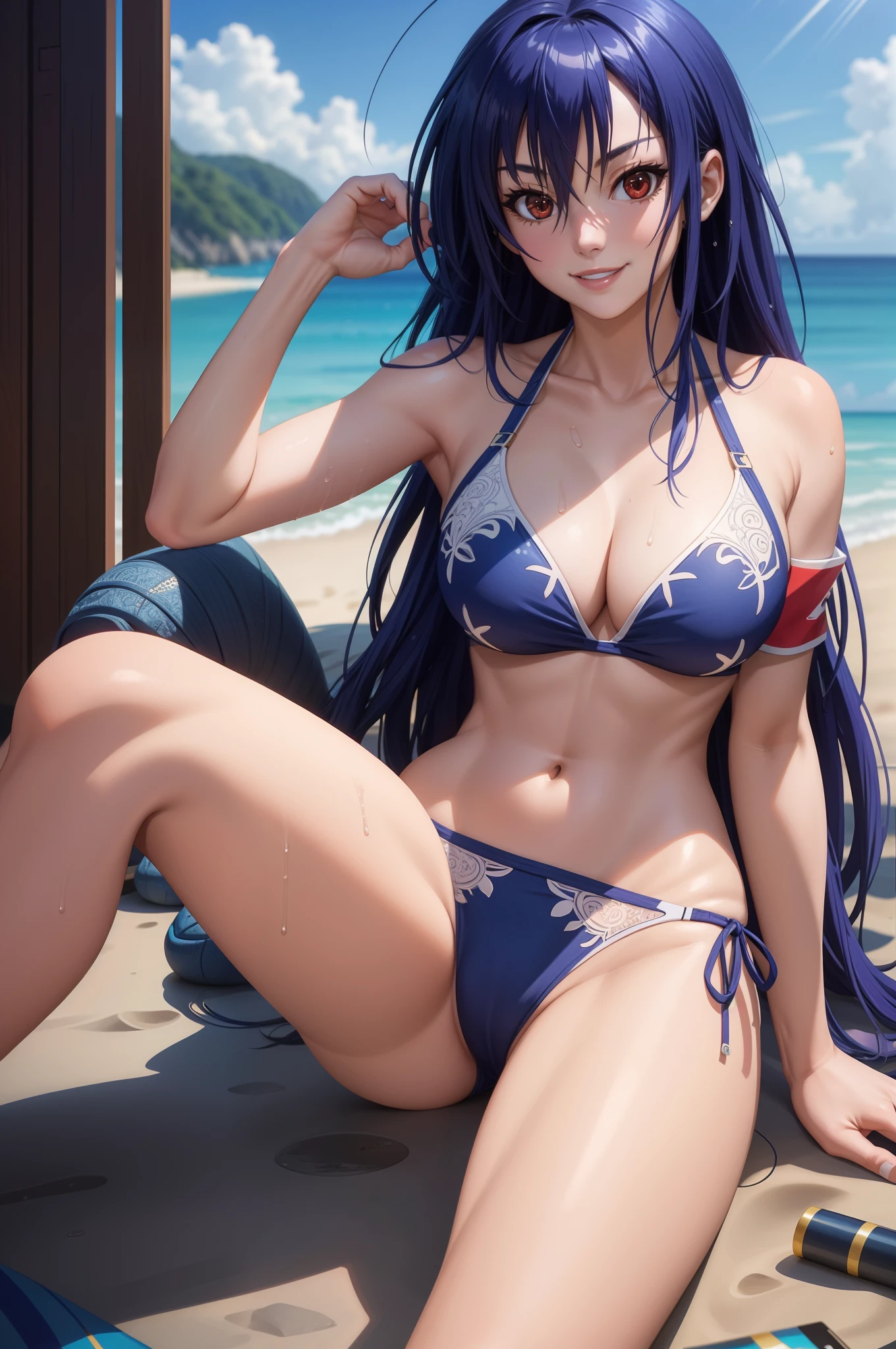 glossy skin:1.4, beach, lying, shadow, smile:1.2, armband, long hair, bikini, bikini, wet, kurokami medaka, red eyes:1.2, blue hair, long hair, ahoge, large breasts:1.2, cowboy shot, perfect eyes:1.2, detailed eyes:1.6, Ultra-realistic 8K CG, masterpiece, ((ultra-detailed background, delicate pattern, intricate details)), best quality, intricate details, 1girl, solo, (masterpiece:1.6, best quality)