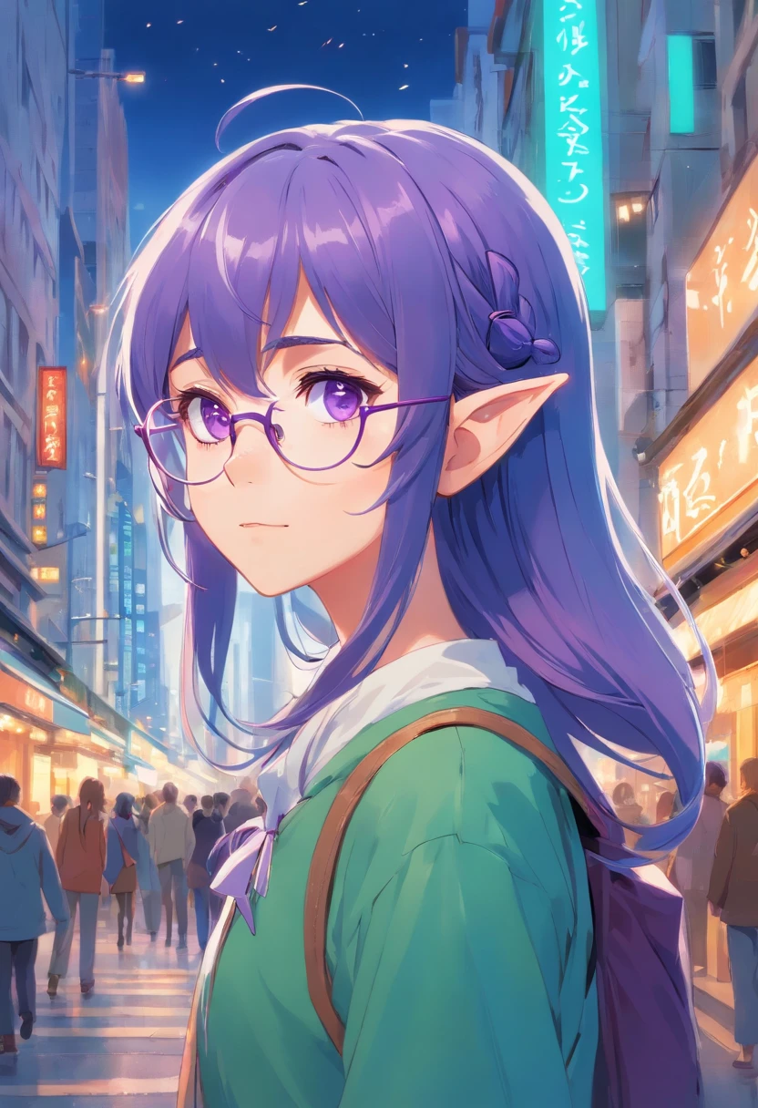 French young elf with elf ears with very long turquoise hair and purple eyes, wears glasses Noisy city street