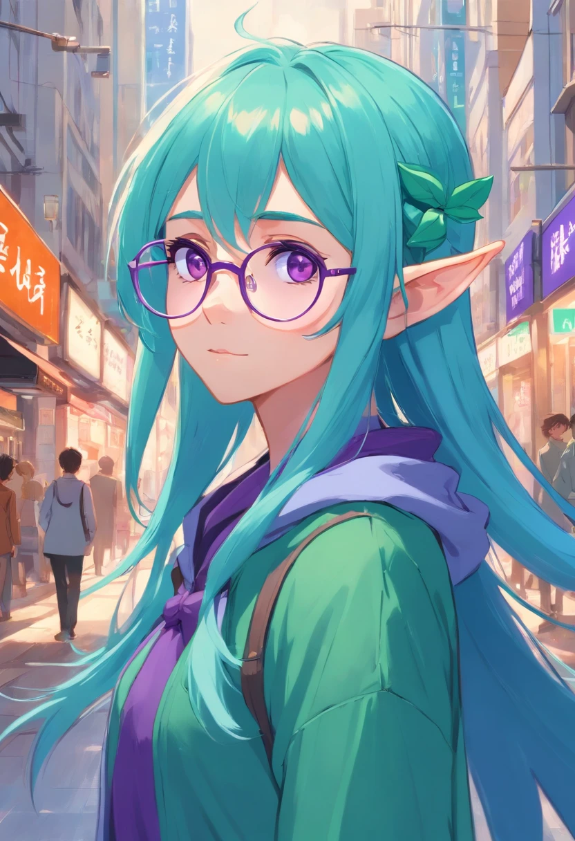 French young elf with elf ears with very long turquoise hair and purple eyes, wears glasses Noisy city street