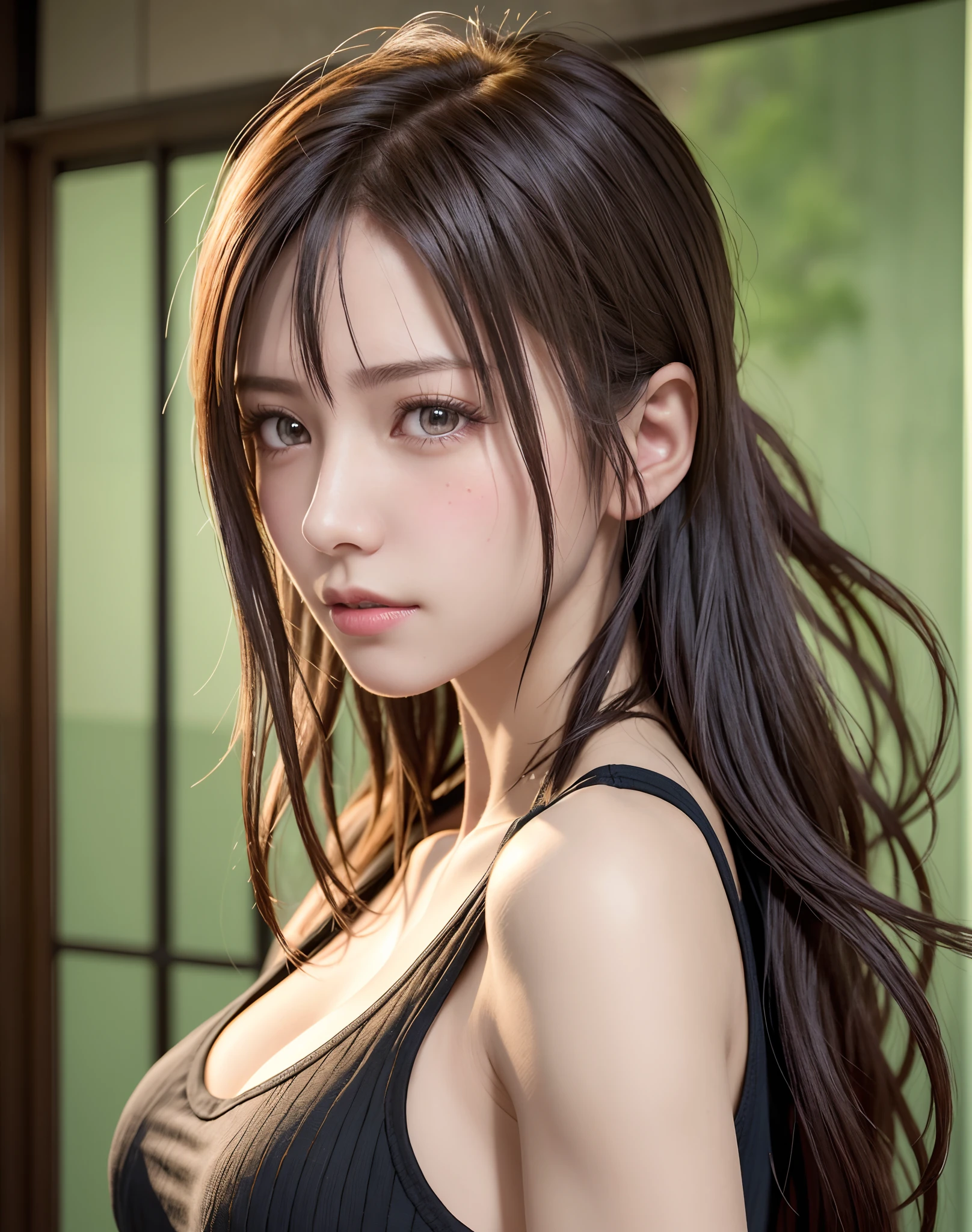 high quality picture, masutepiece, detailed hair texture, Detailed skin texture, Detailed Cloth Texture, 8K, Add fabric details, ultra detailed skin texture, ultra detailed photographic, Skin pores, Portrait of a girl, wearing tank top,