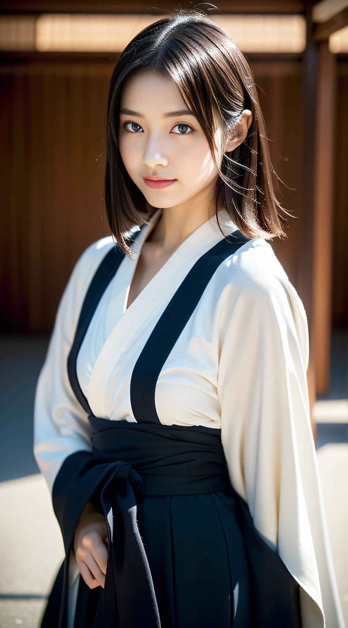 (((32k,high detal,high-detail、masterpiece,Attention to detail,full body Esbian,独奏))),Raw photo & realistic atmosphere,beautiful dark blue eyes,Detailed mouth,Glossy lips,Detailed eyebrows,Eyes drawn in detail with soft white skin that shines in every detail、Very beautiful eyes with azure eyes,Detailed lips、Very beautiful face,Very well-formed face、Lifelike face,shiny beautiful lips,Beautiful eyebrows,Infinite reality, Realistic Young Gravure Idol,Very cute high school girl, , Young Sensual Gravure Idol, Young Gravure Idol, extremely beautiful and cute1Sharp beautiful girl at 7 years old,with a flushed face,Incredibly beautiful and classy17 year old beautiful girl,natural soft light,(Black shiny hair,,bare-legged,Kendo kimono and hakama,Beautiful kind eyes:1.5),(youthfulness,Wearing kendo equipment,Exposed thighs,Thighs protruding from hakama,Gentle smile,well-shaped breasts,,Immature body,Japan Kendo Kimono,Kendo Match,Japanese style berry shorthair,Bunk your hair high and tie it into one,Beautiful posture,posterior view,facing back,no-makeup,woman samurai,woman swordsman,assist々Influenced by Kojiro Ki,Cool look into the distance,Zoom to nape,Nape close-up,Wrapping around the chest,Roll up the exposure:1.6)