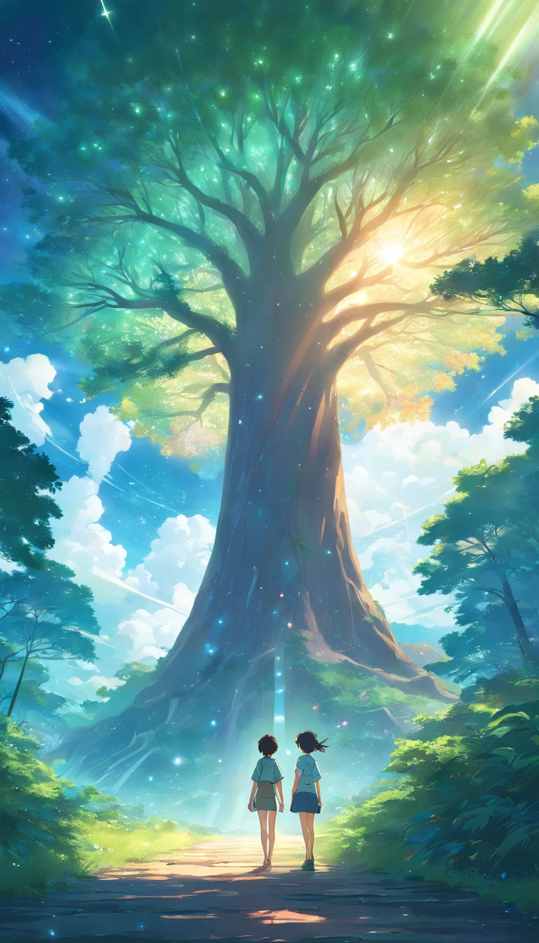 Illustration of a hyperrealistic , otherworldly, ultrasky scene featuring a giant crystal tree full body,very detailed and magical lighting, intricate forest details, vegetation and river around, solarpunk ,landscape, giant tree, beatifull leafy with beautiful lighting and realistic proportions, as if it were a cinematic background, 8k, highest quality, masterpiece, clouds and stars in the sky.