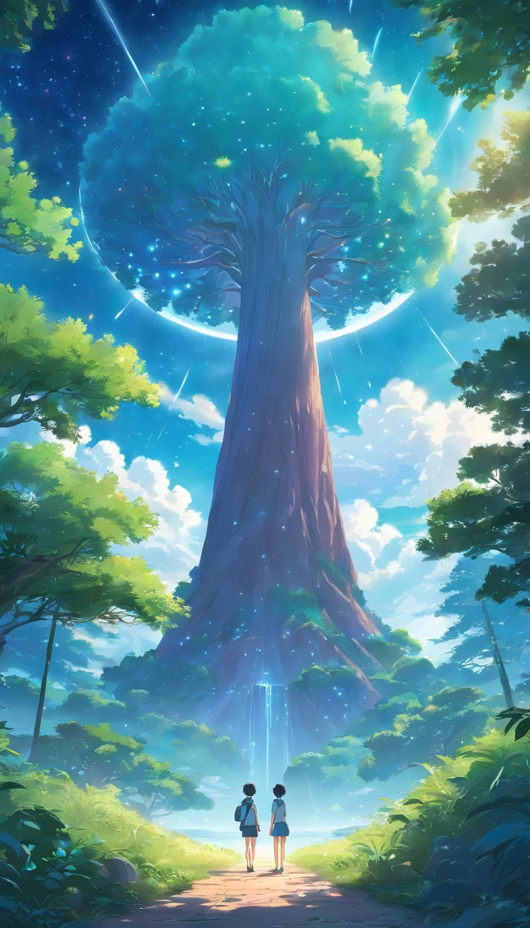Illustration of a hyperrealistic , otherworldly, ultrasky scene featuring a giant crystal tree full body,very detailed and magical lighting, intricate forest details, vegetation and river around, solarpunk ,landscape, giant tree, beatifull leafy with beautiful lighting and realistic proportions, as if it were a cinematic background, 8k, highest quality, masterpiece, clouds and stars in the sky.