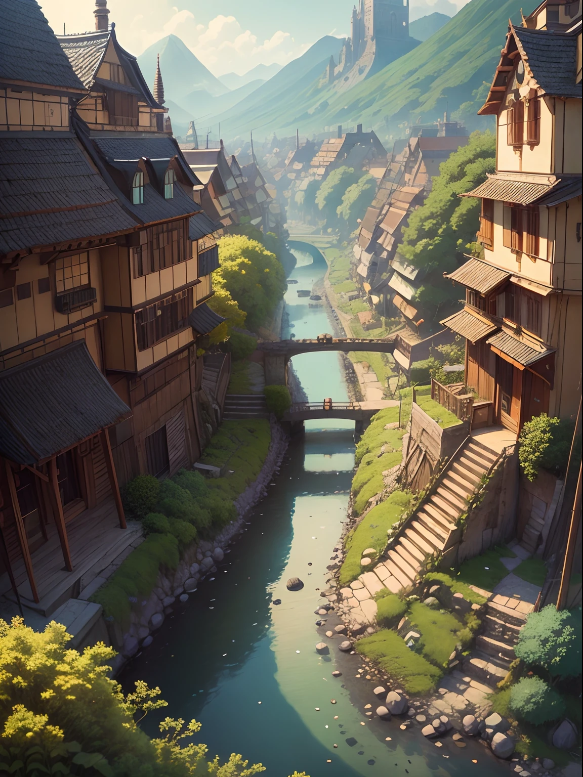 ultra quality, ultla highres, hyper detailed, high contrast, super fine illustration, creative refinement, Studio Ghibli style, City of Mines